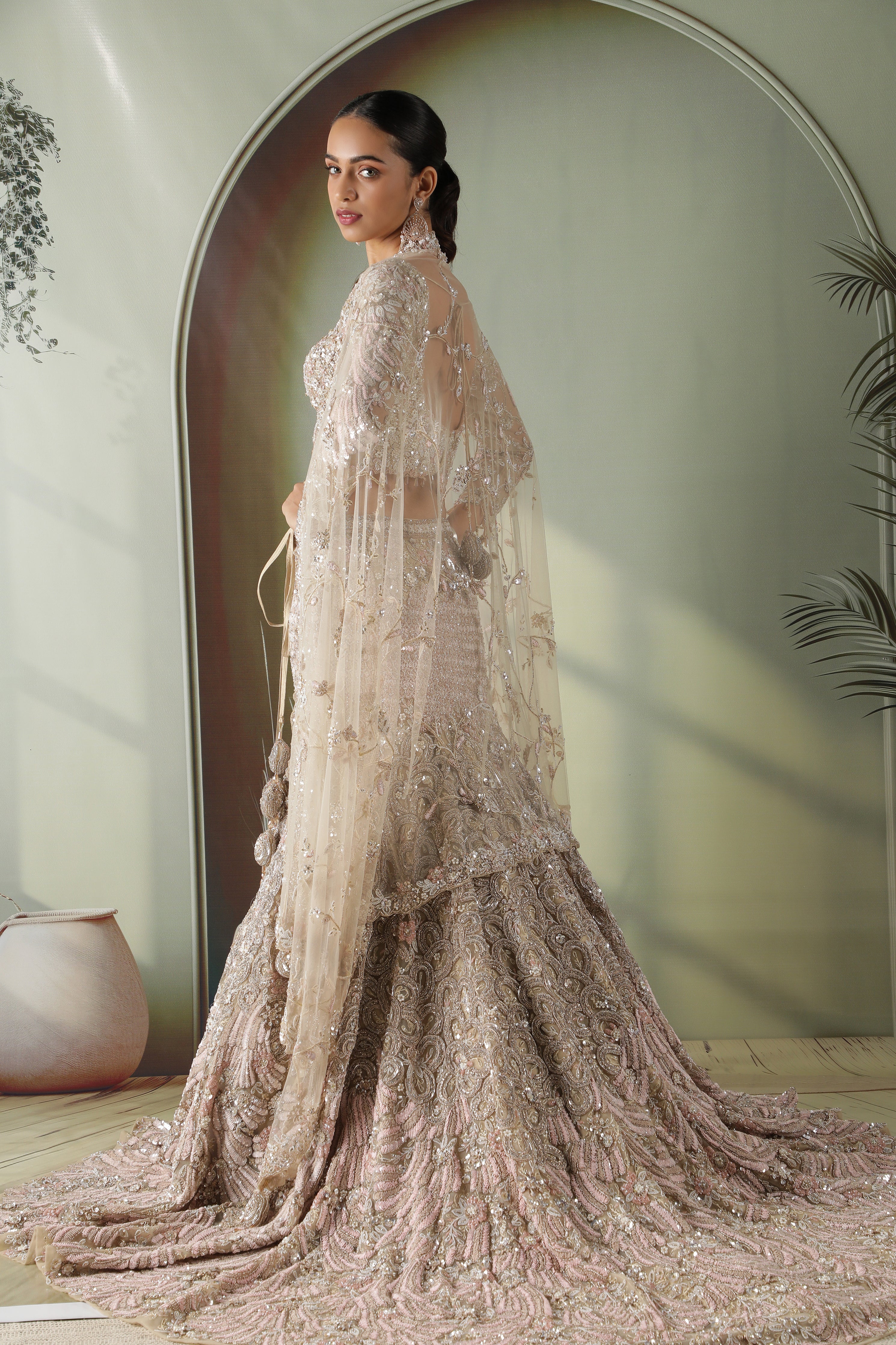 Beige Gold Mermaid Cut Bridal Lehenga Set with Trail