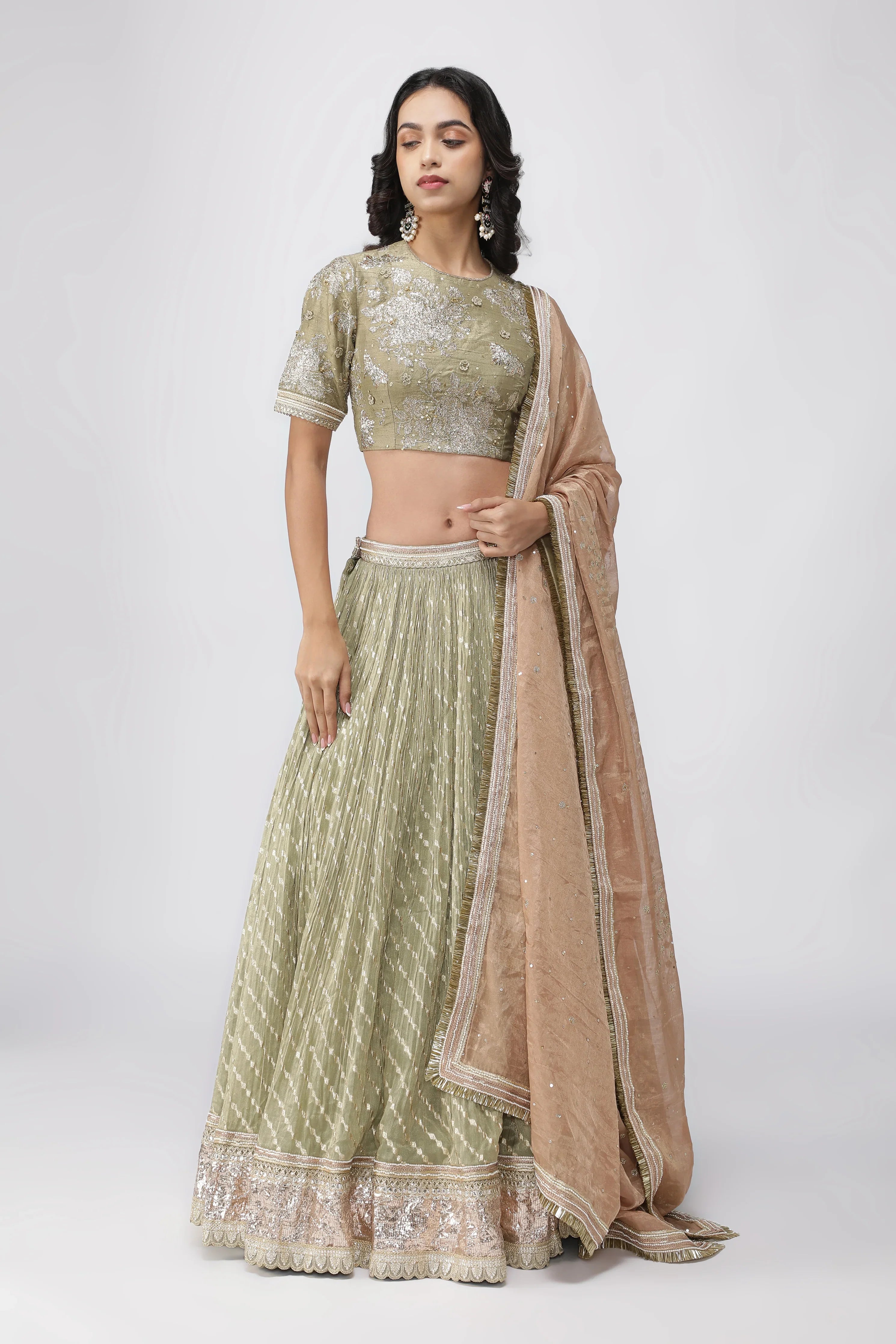 Green Chanderi Tissue Lehenga with Zari and Sequins Embroidery | Mokshaa