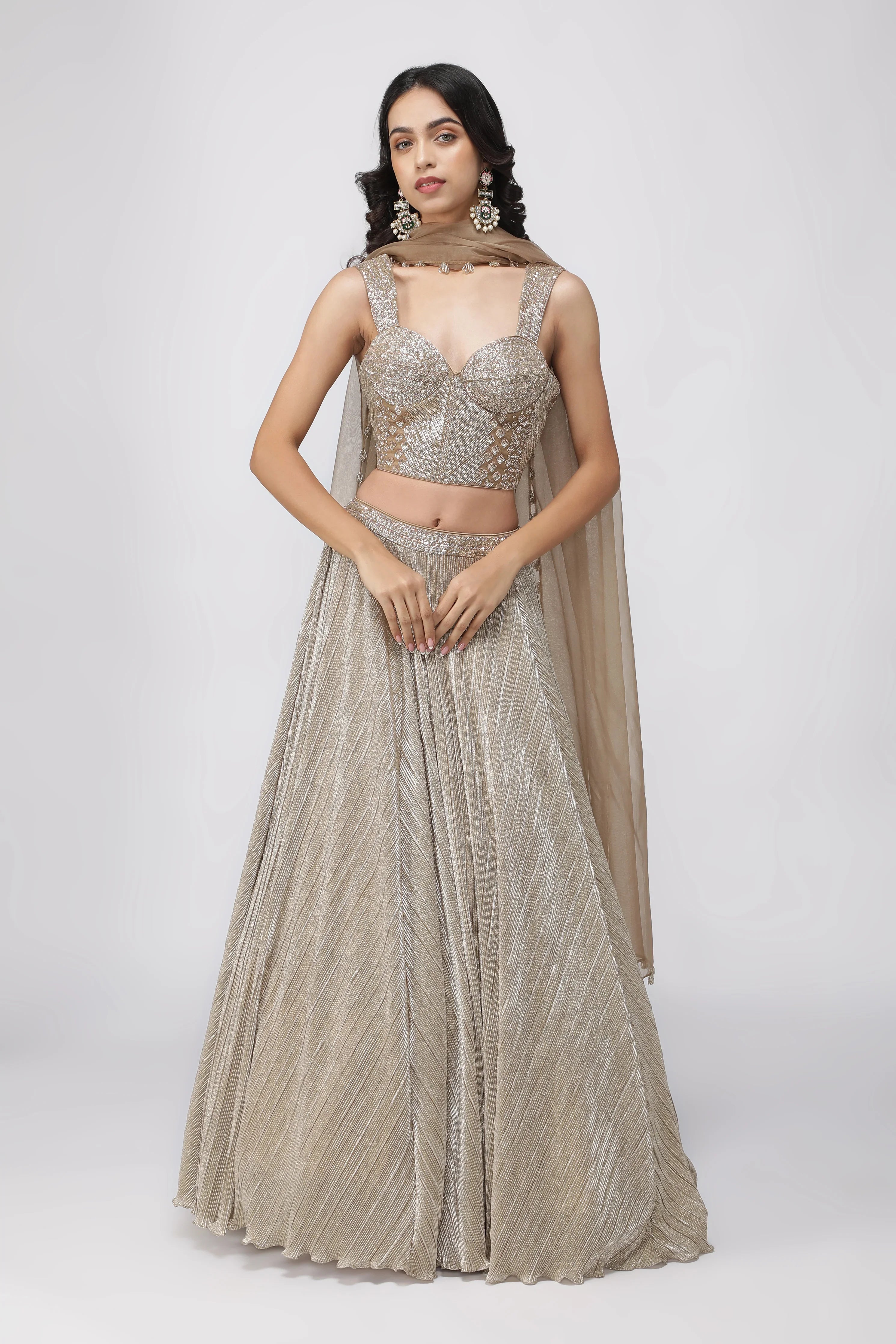 Dark Gold Crush Lehenga with Corset Blouse | Mokshaa