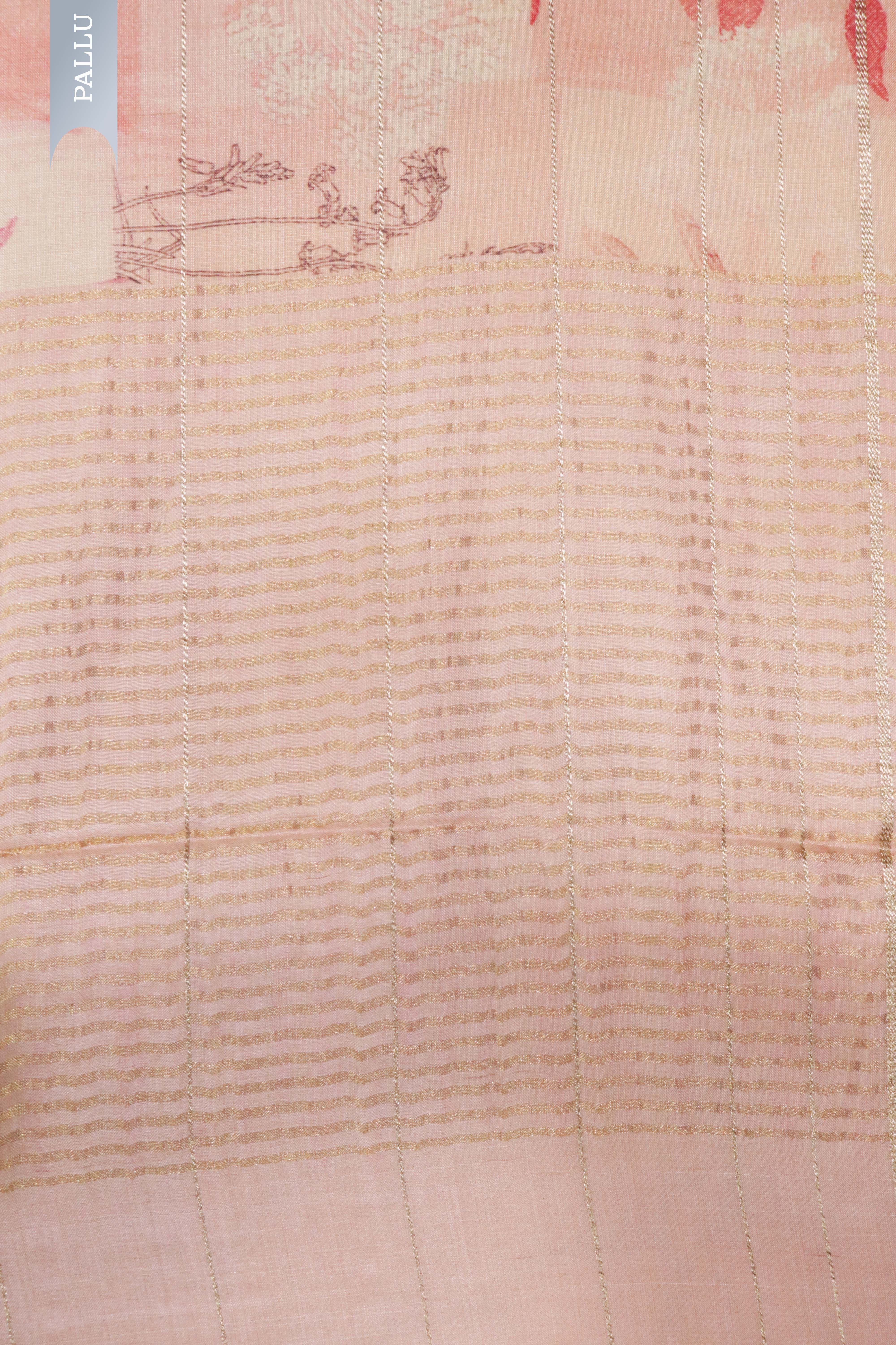 Peach Tussar Silk Saree with Golden Stripes & Printed Motifs