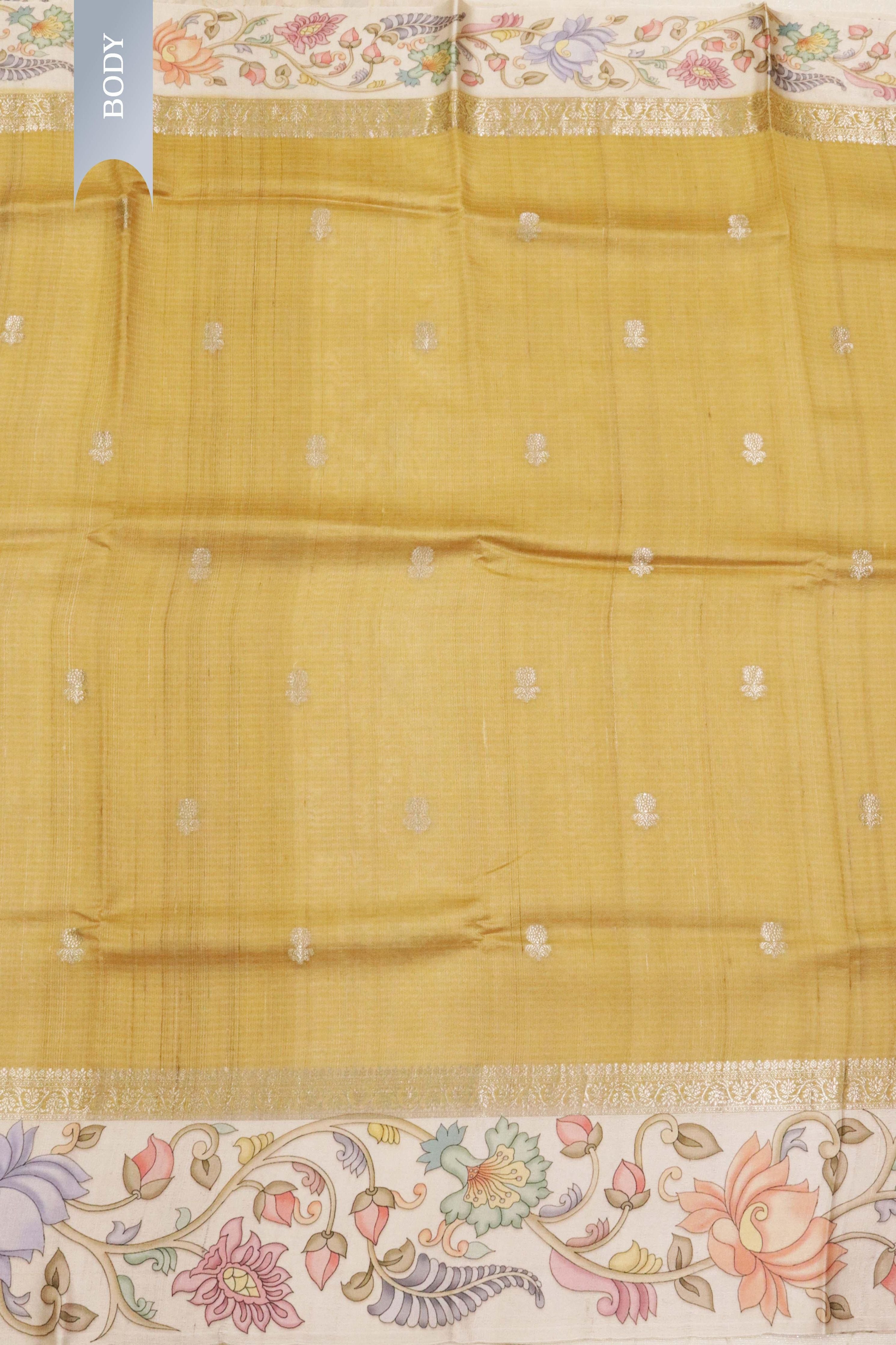 Banaras Tussar Silk Saree in Golden with Zari Motifs & Kalamkari Border - Mokshaa