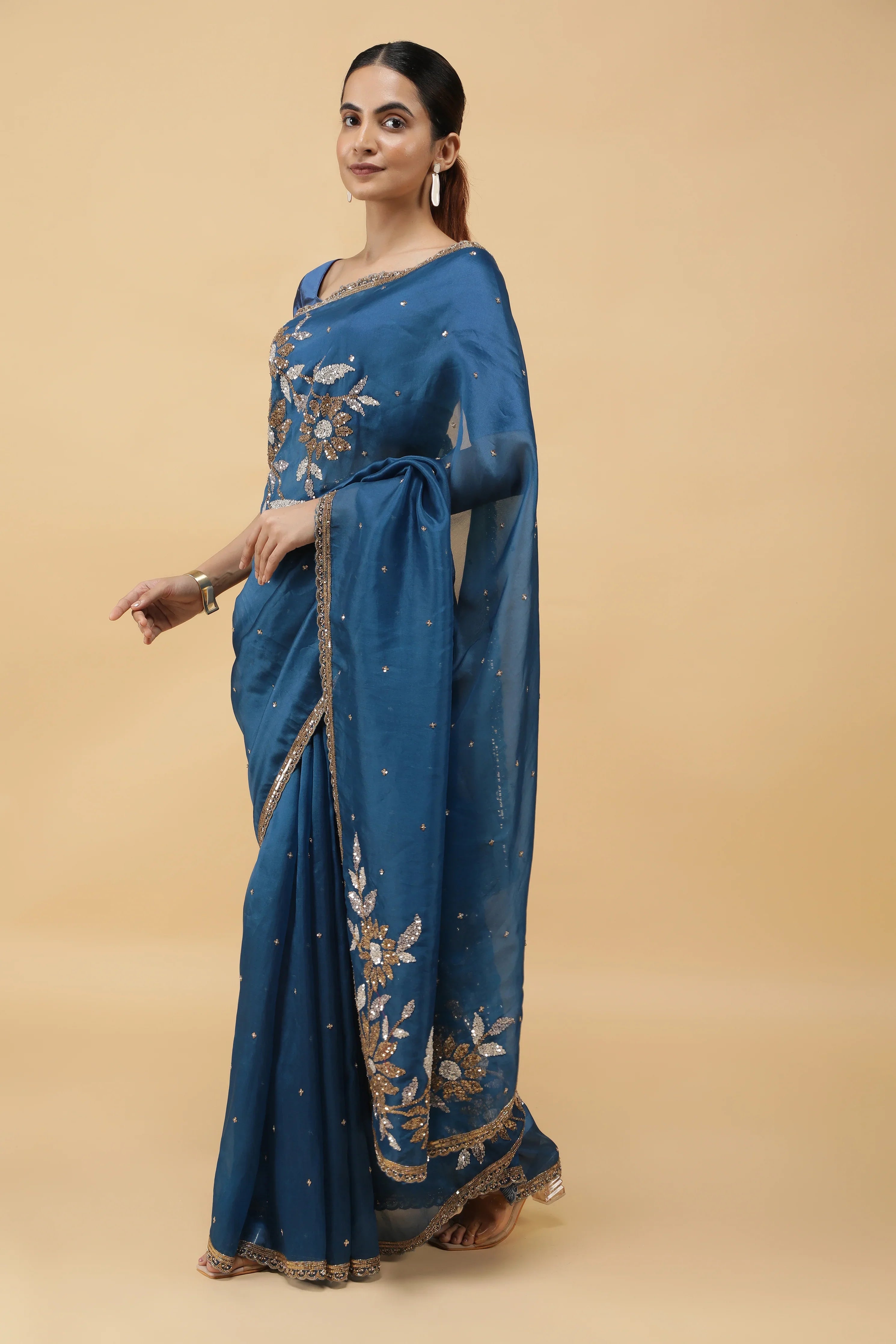 Serulel Blue Organza Saree with Sequin Embroidery - Mokshaa