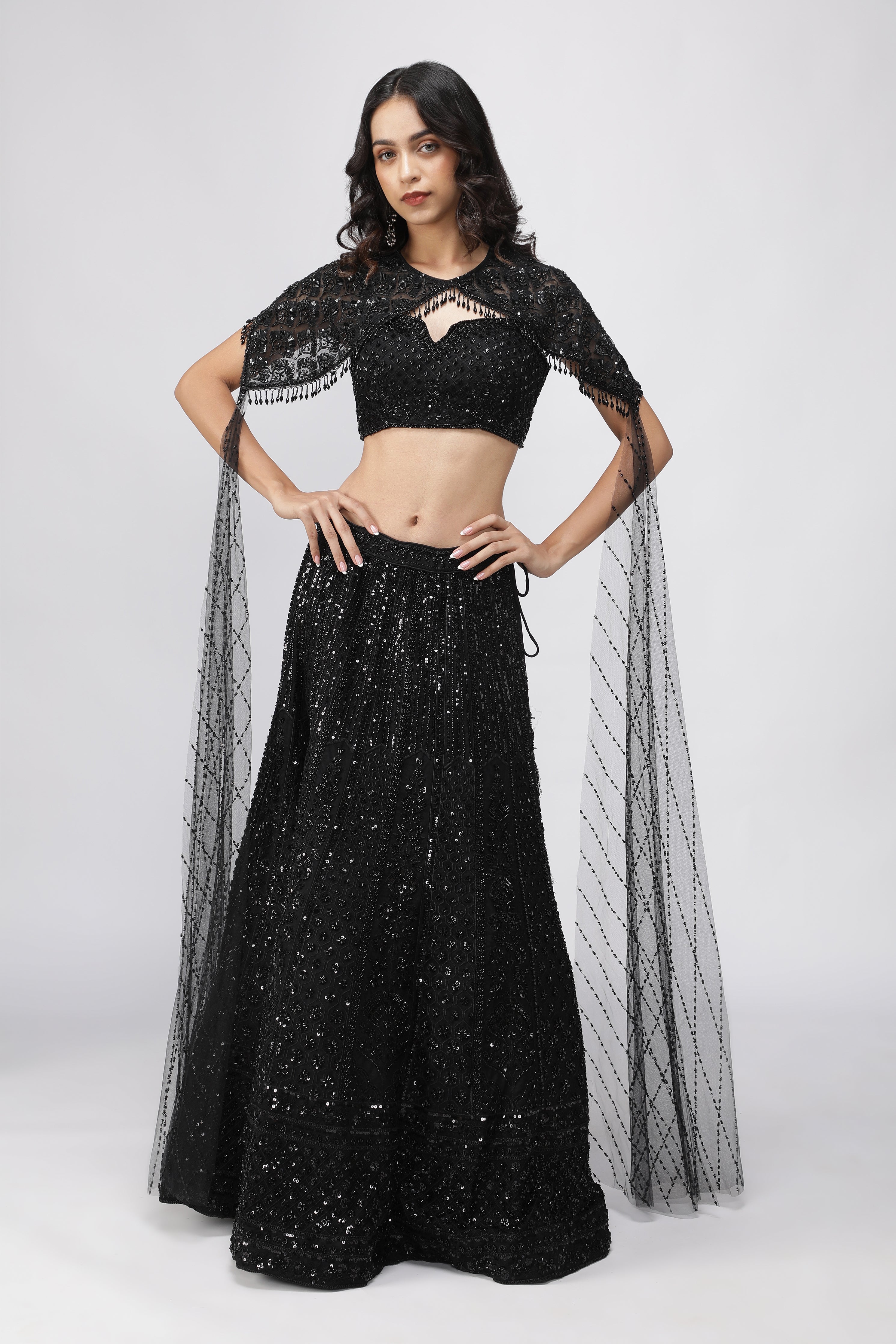 Black Net Embroidered Lehenga Set with Cape Dupatta
