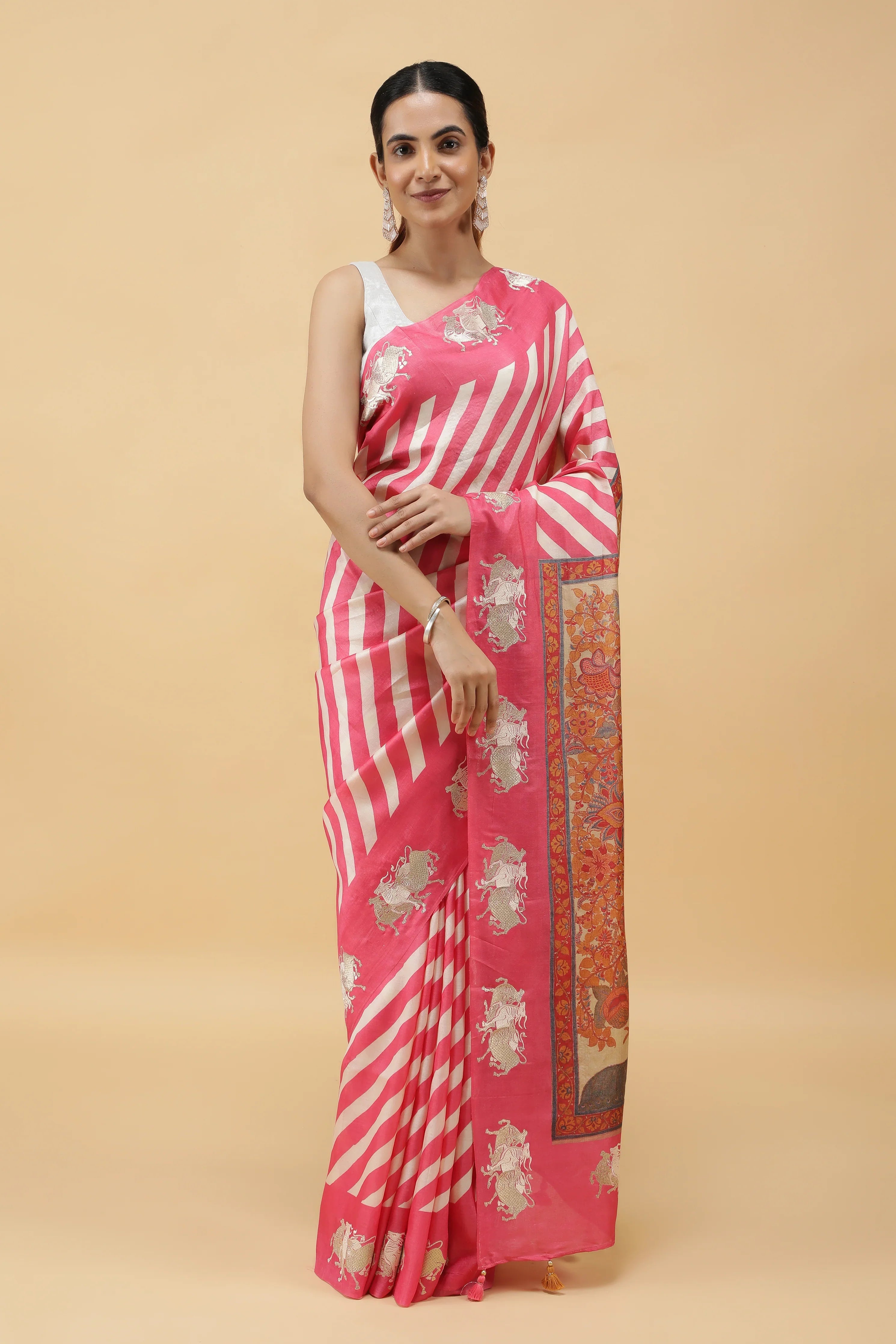 Pink & Off-White Tussar Silk Saree with Zari Motifs and Kalamkari Pallu | Mokshaa