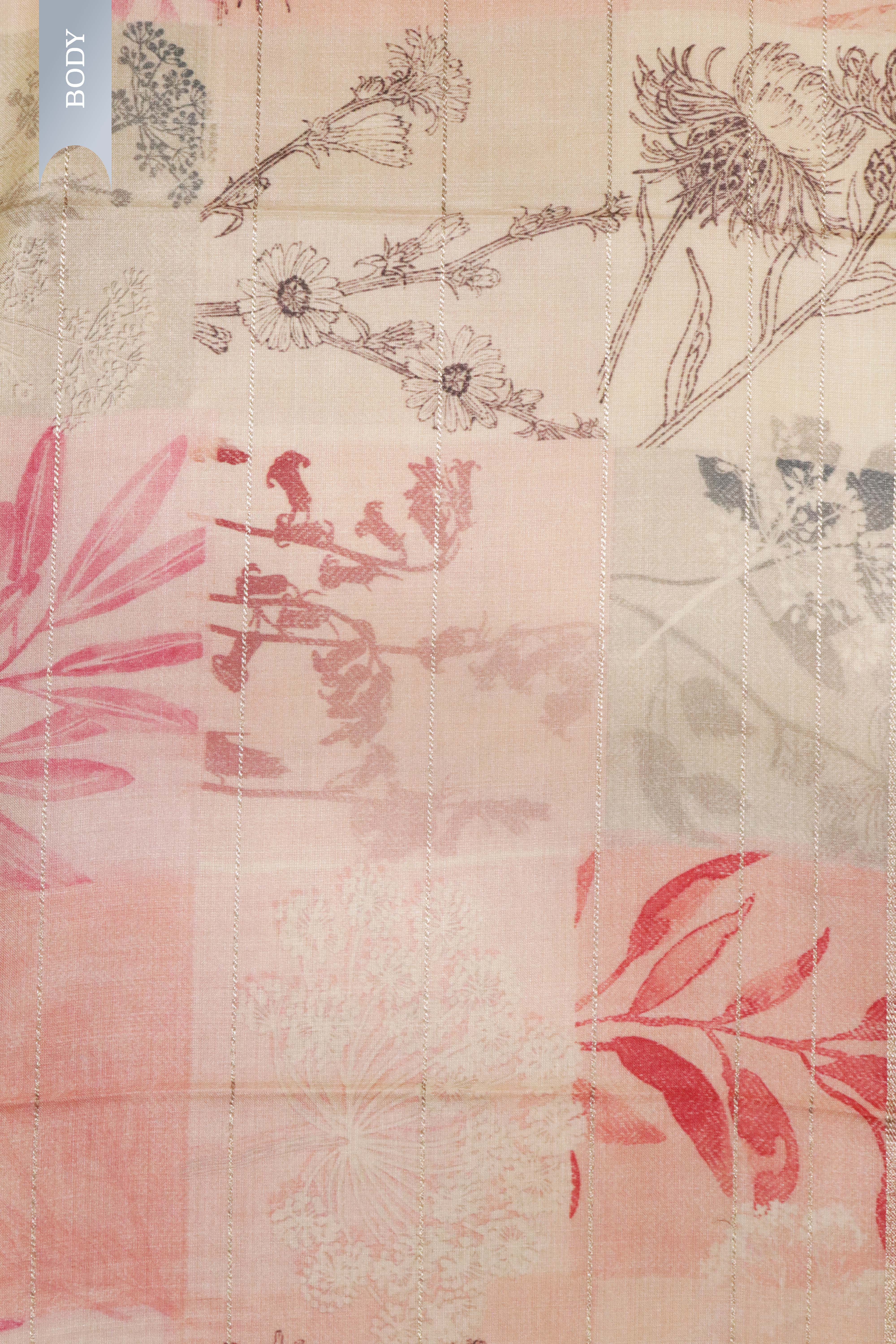 Peach Tussar Silk Saree with Golden Stripes & Printed Motifs