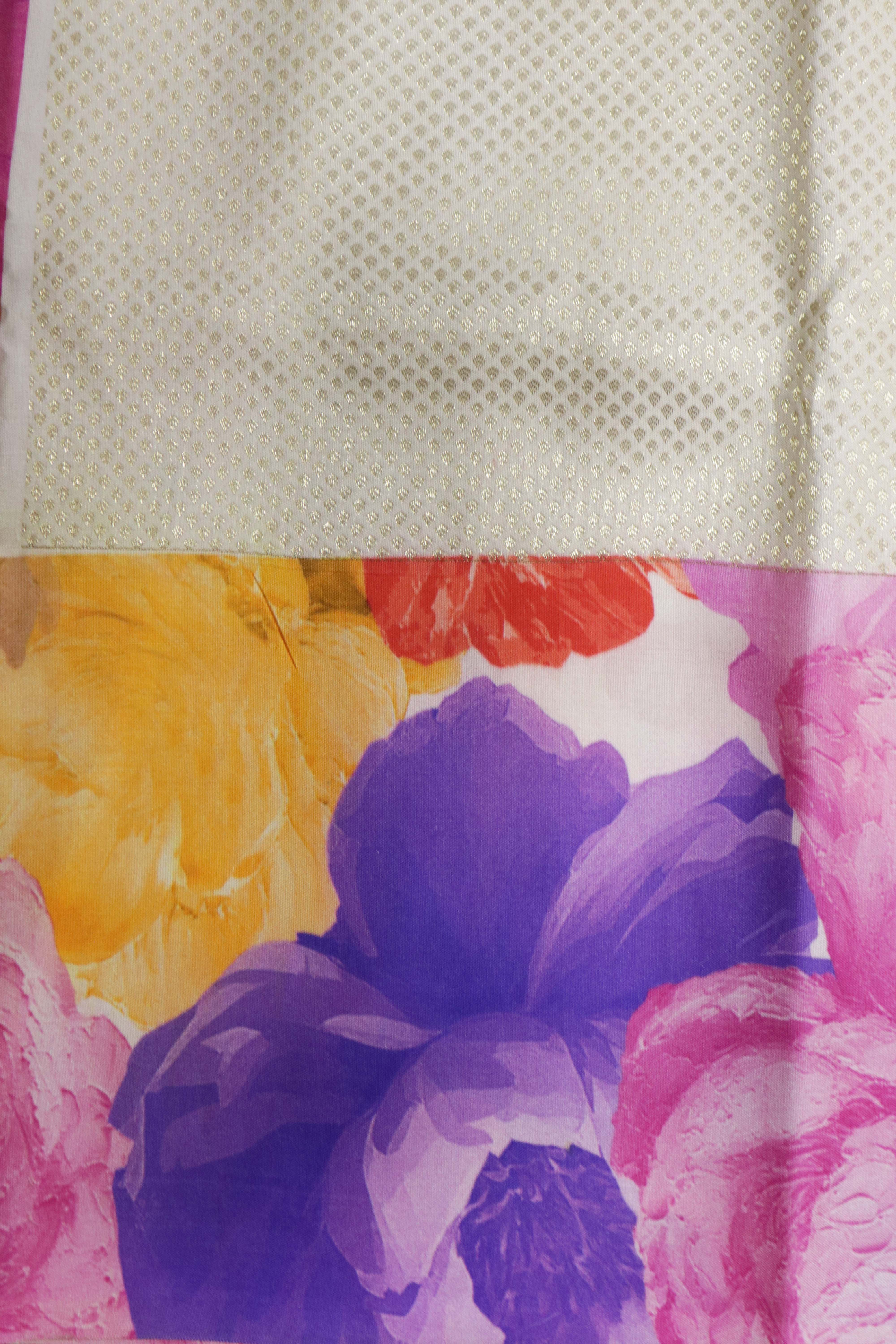 Ivory Zari Silk Saree with Floral Print
