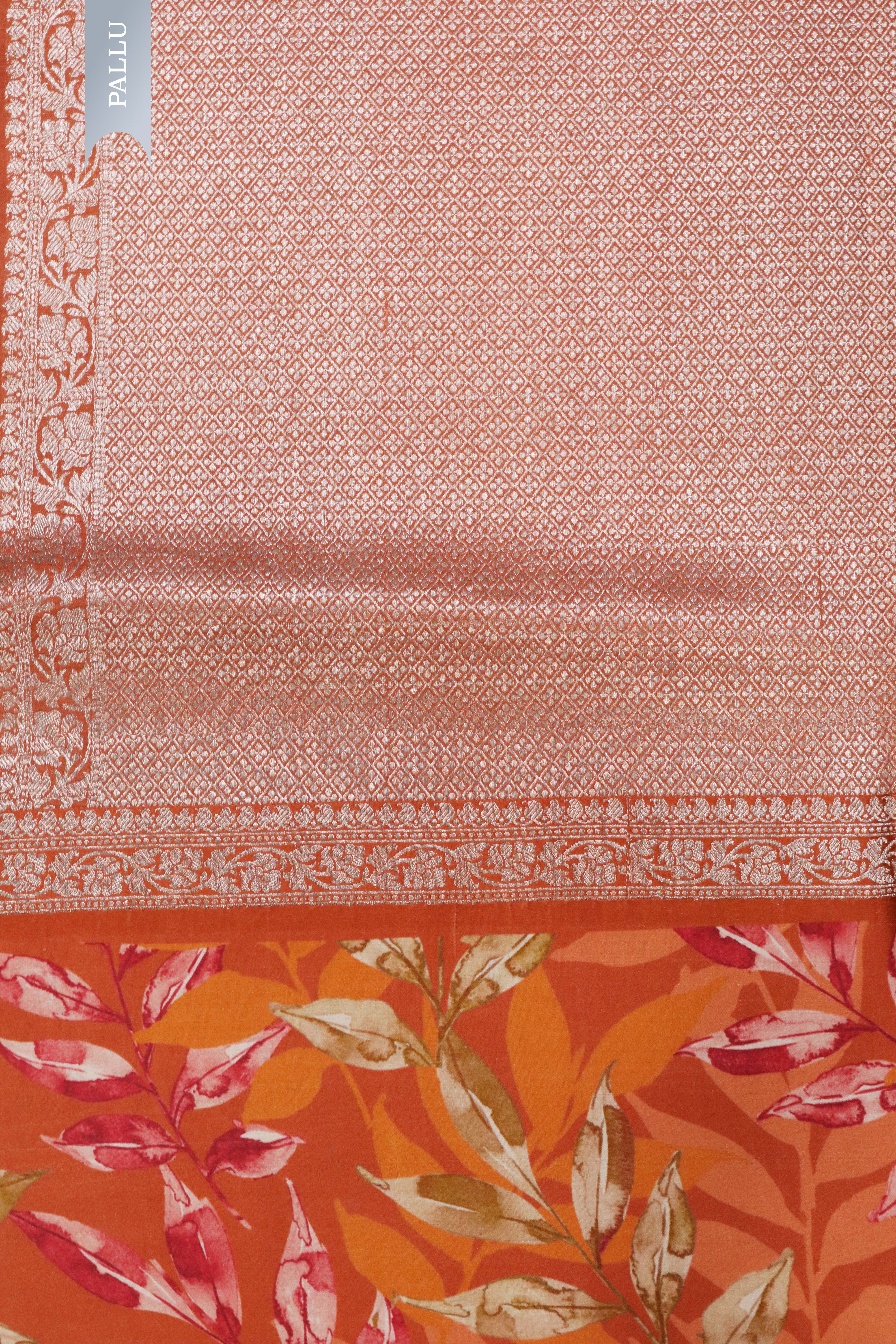 Orange Tussar Silk Saree with Silver Zari Motifs & Printed Border