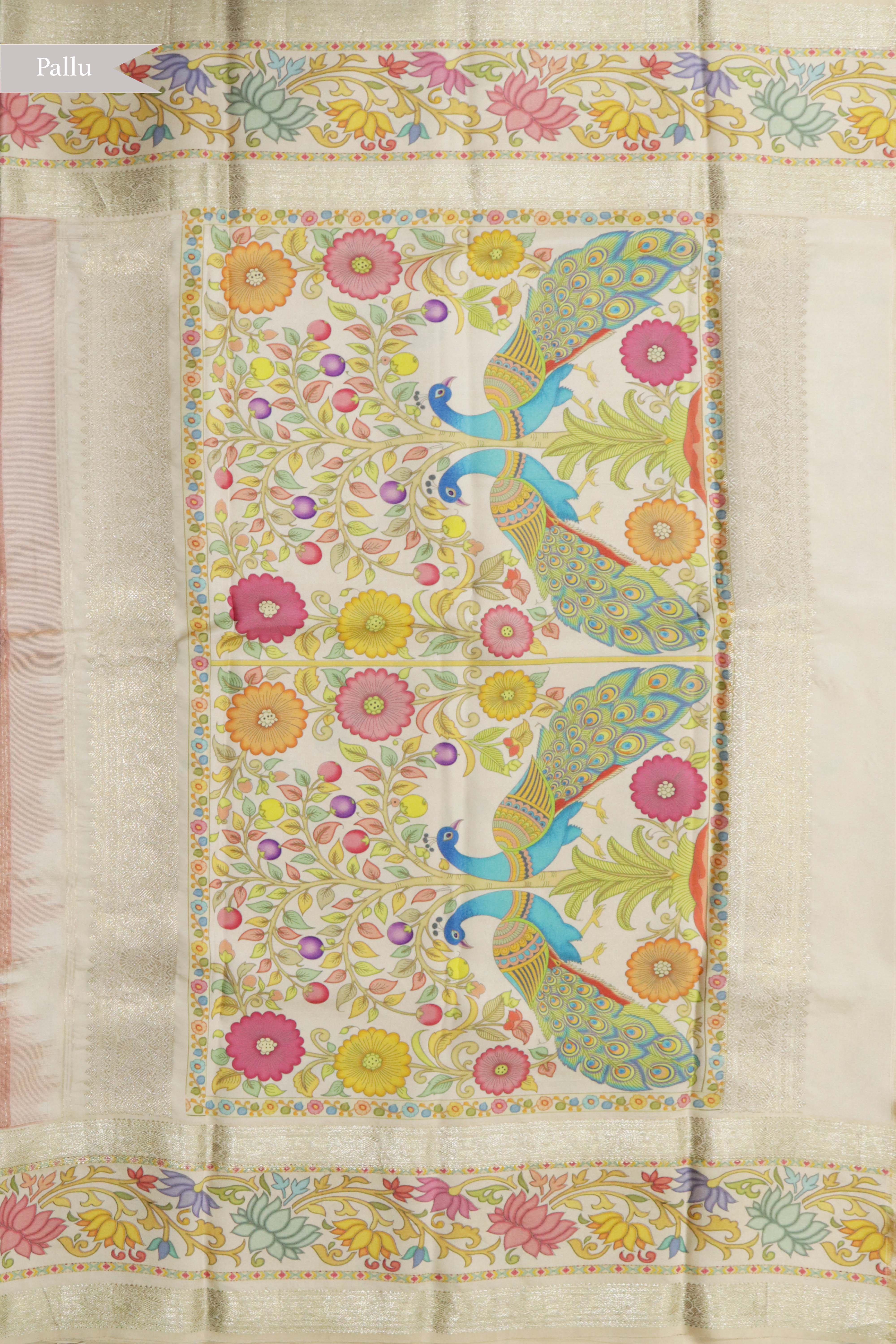 Orange Silk Saree with Floral Printed Border