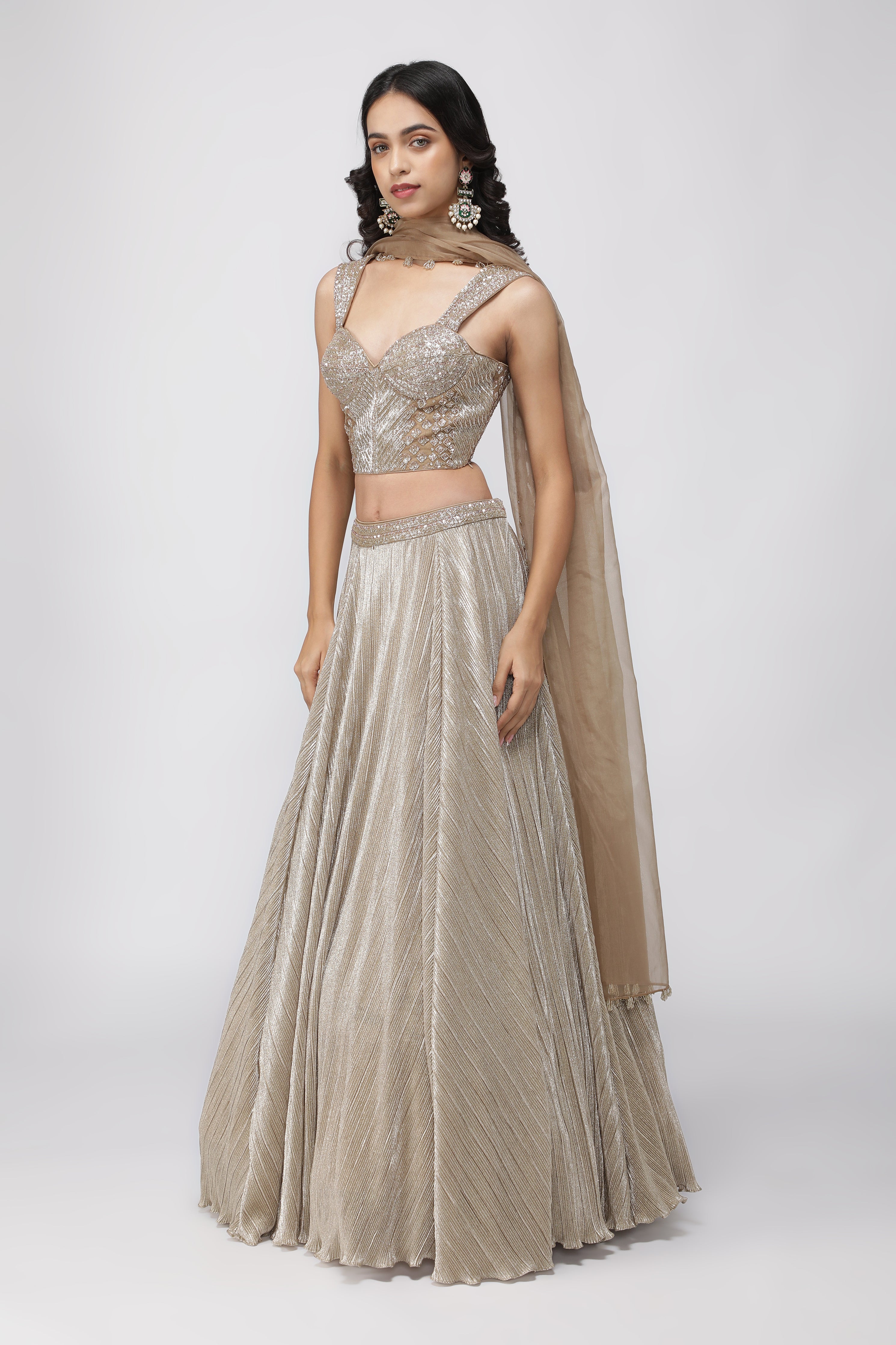 Dark Gold Crush Lehenga with Corset Blouse