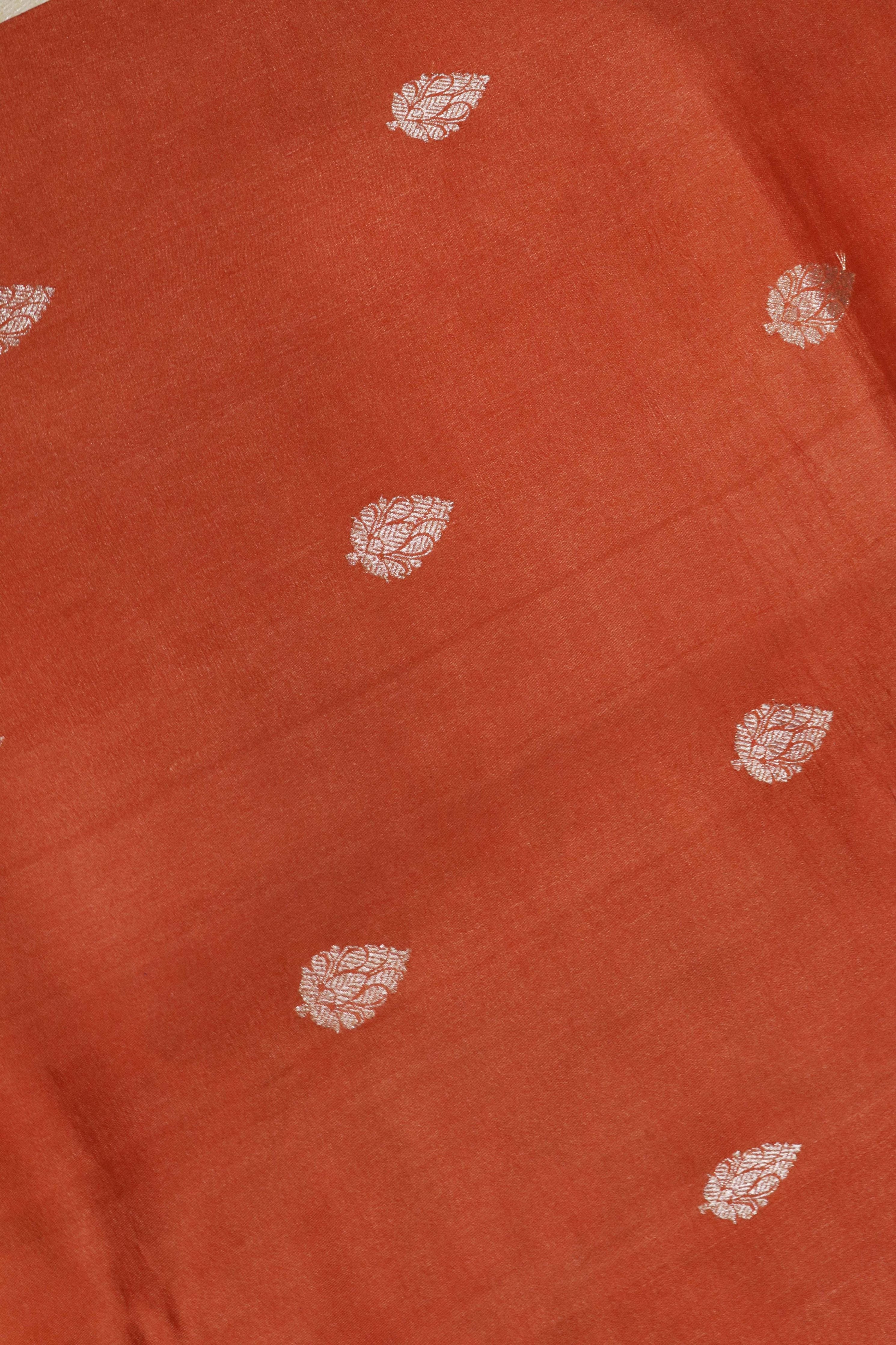 Orange Tussar Silk Saree with Silver Zari Motifs & Printed Border - Mokshaa