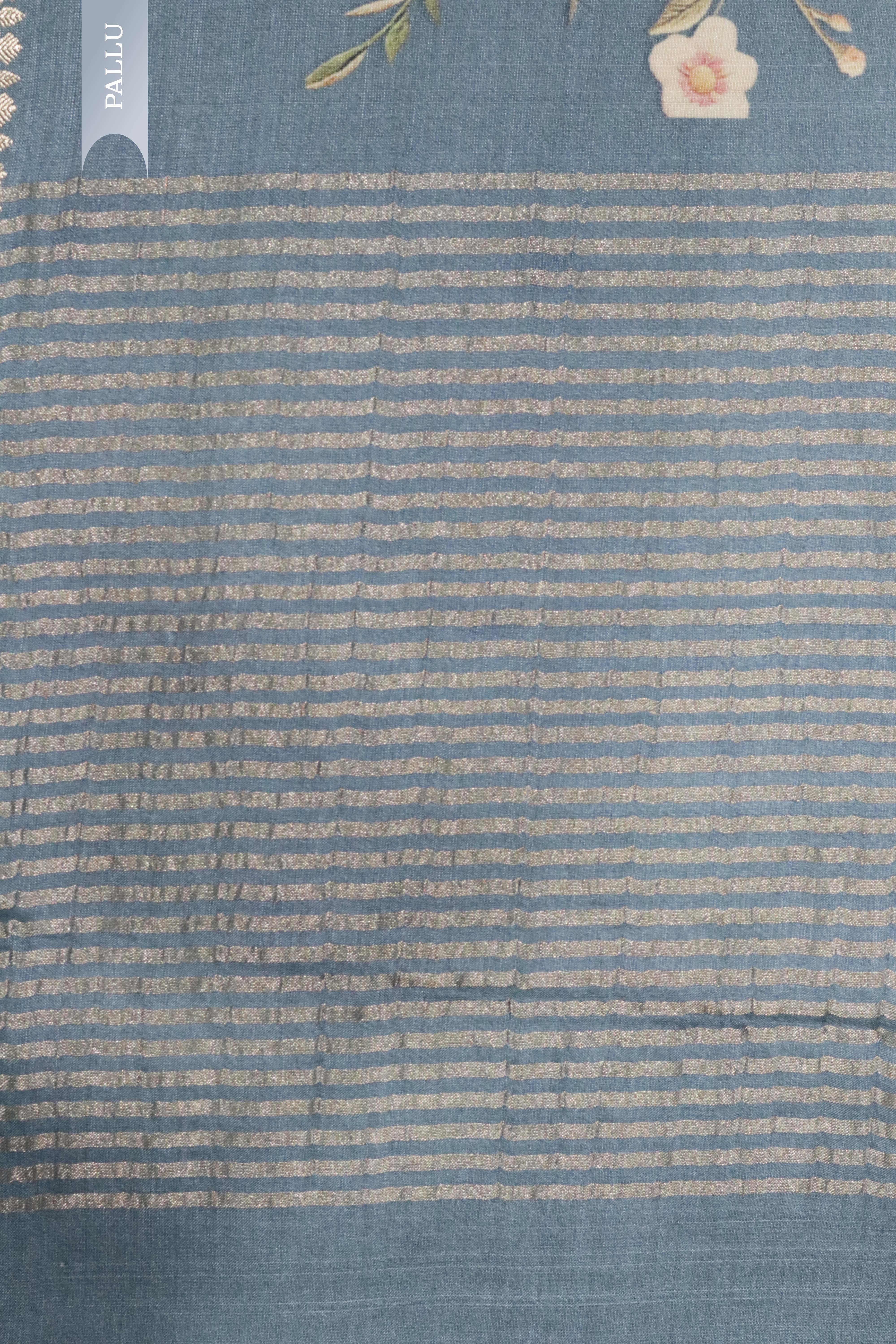 Pastel Blue Tussar Silk Saree with Floral Print & Zari Border