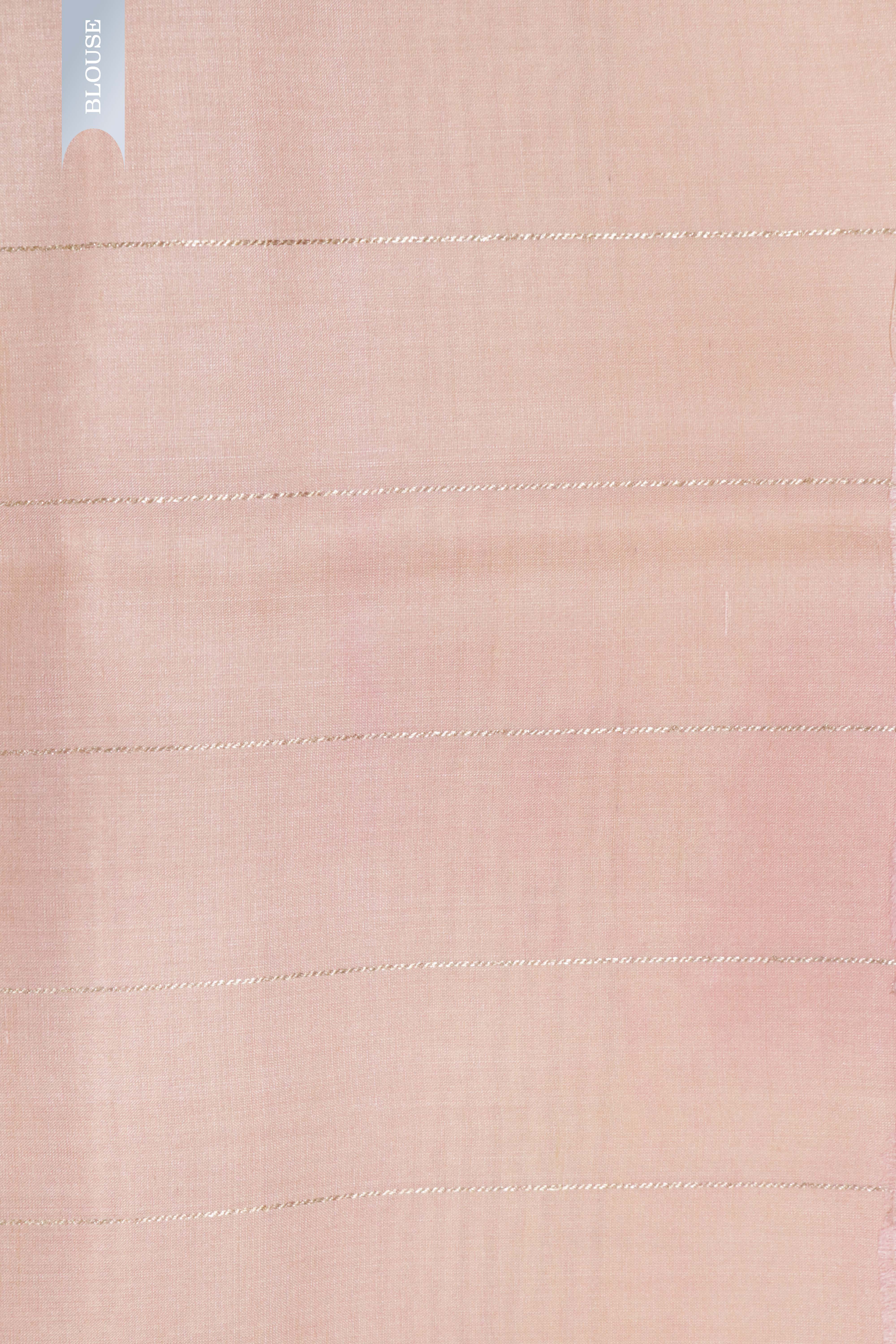 Peach Tussar Silk Saree with Golden Stripes & Printed Motifs