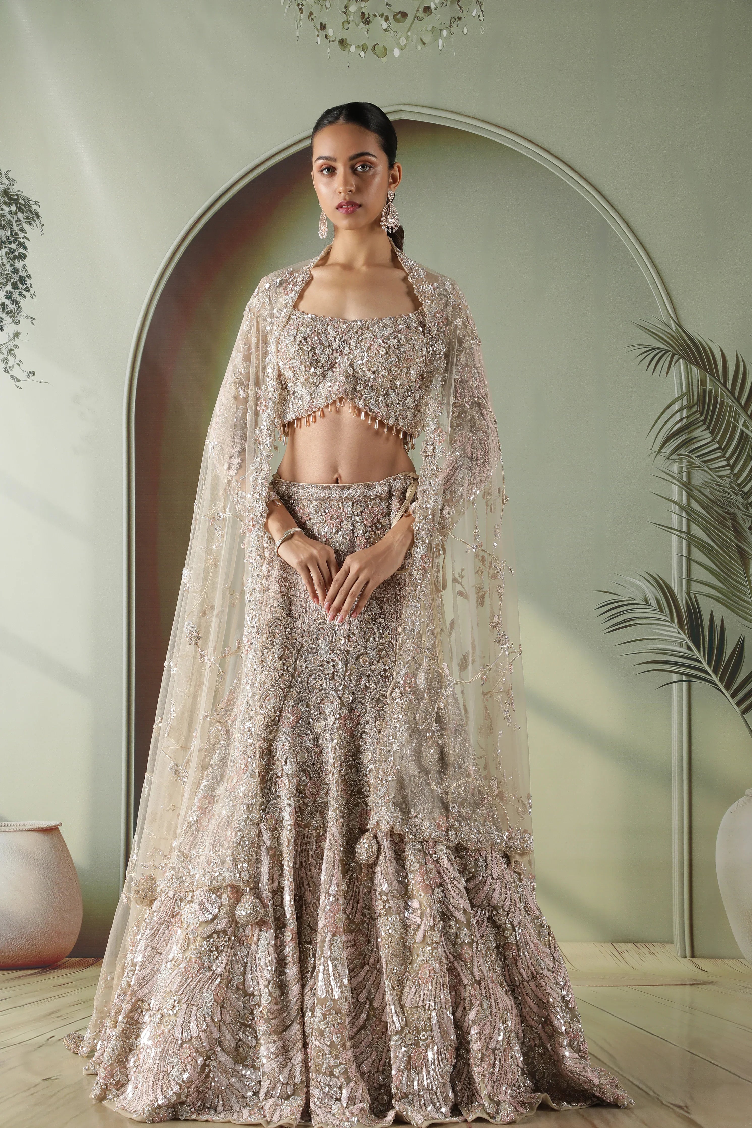 Beige Gold Mermaid Cut Bridal Lehenga Set with Trail | Mokshaa