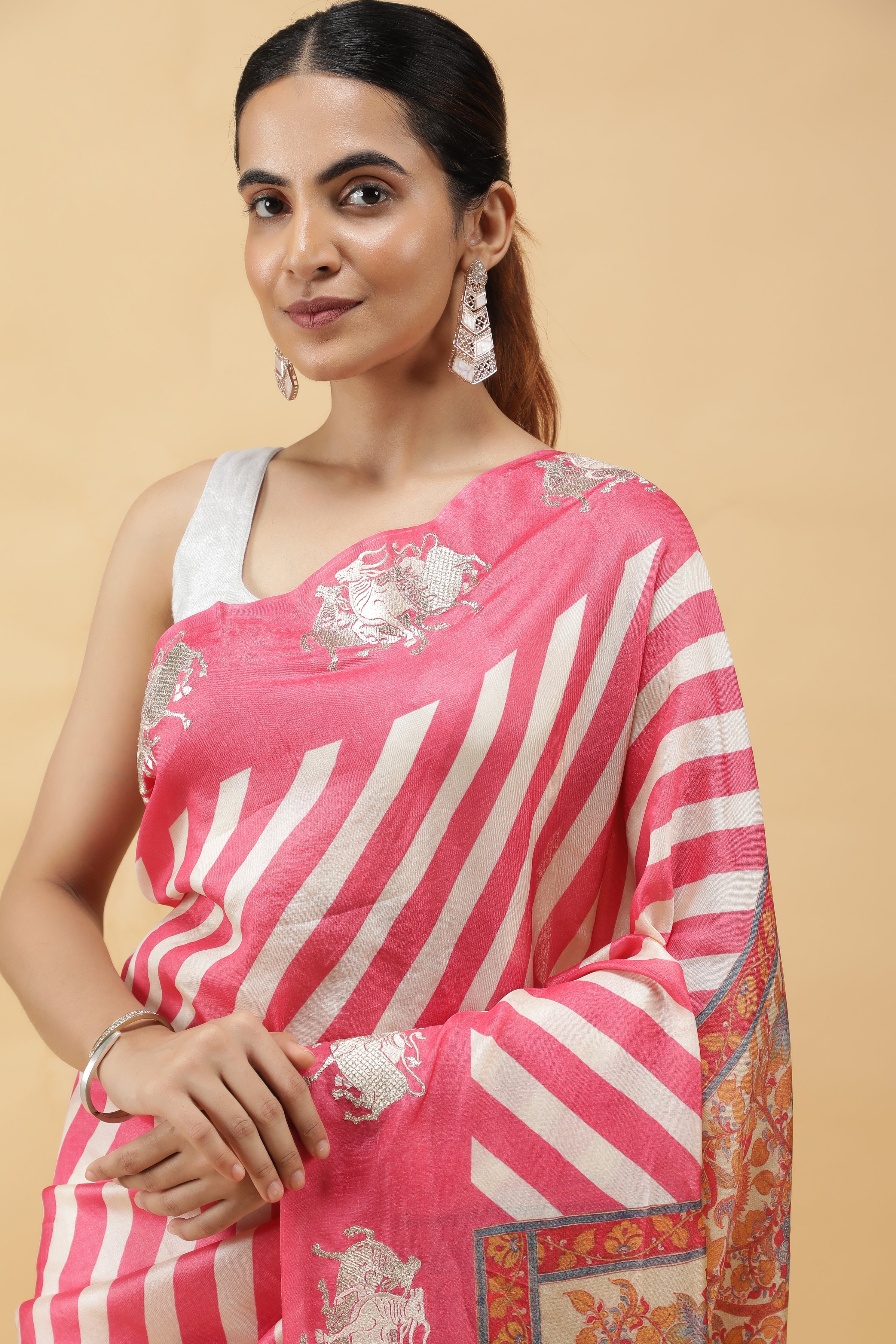 Pink & Off-White Tussar Silk Saree with Zari Motifs and Kalamkari Pallu