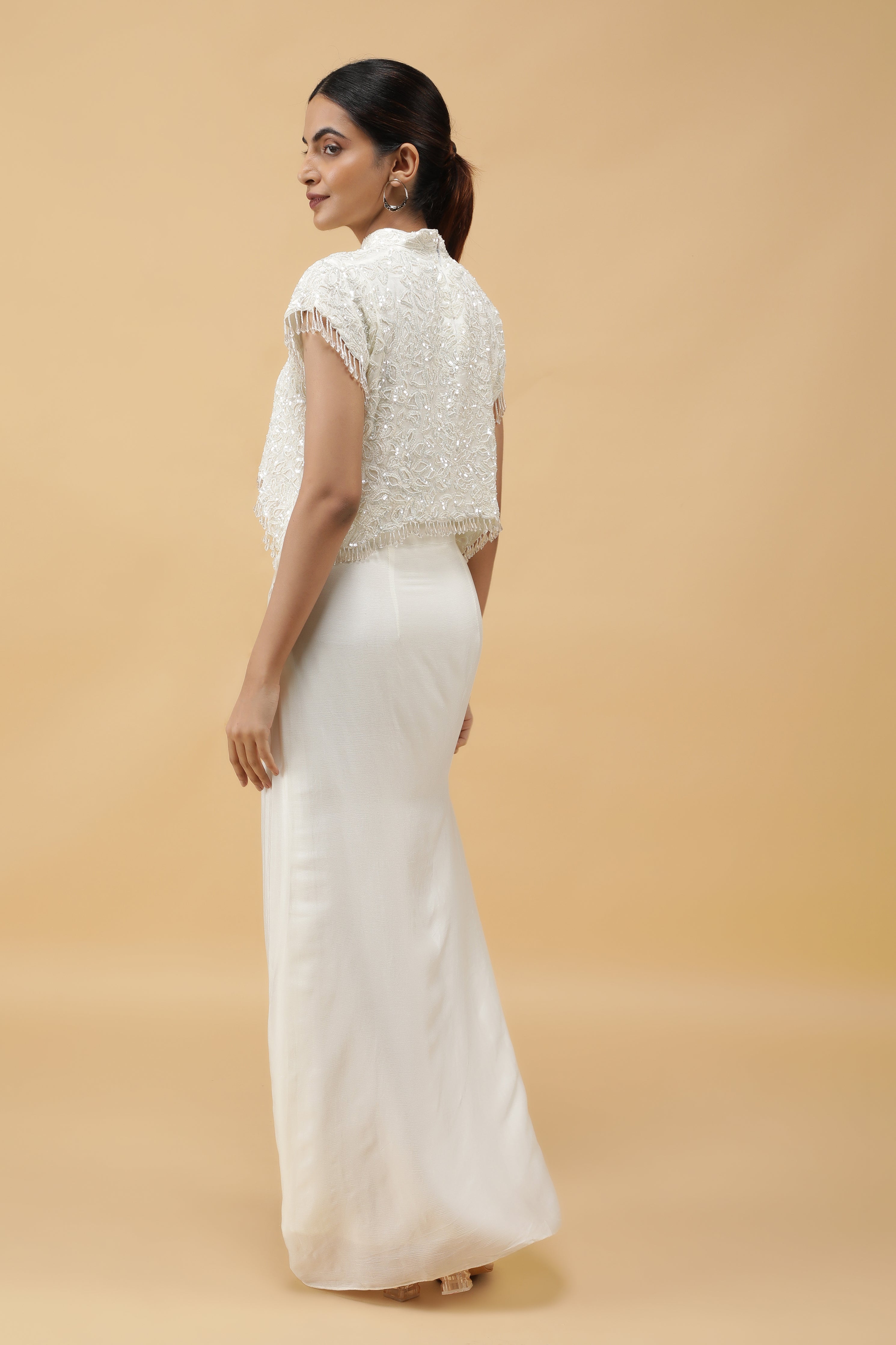 Ivory Gleam Pearl Sequin Crop Top & Draped Skirt Set