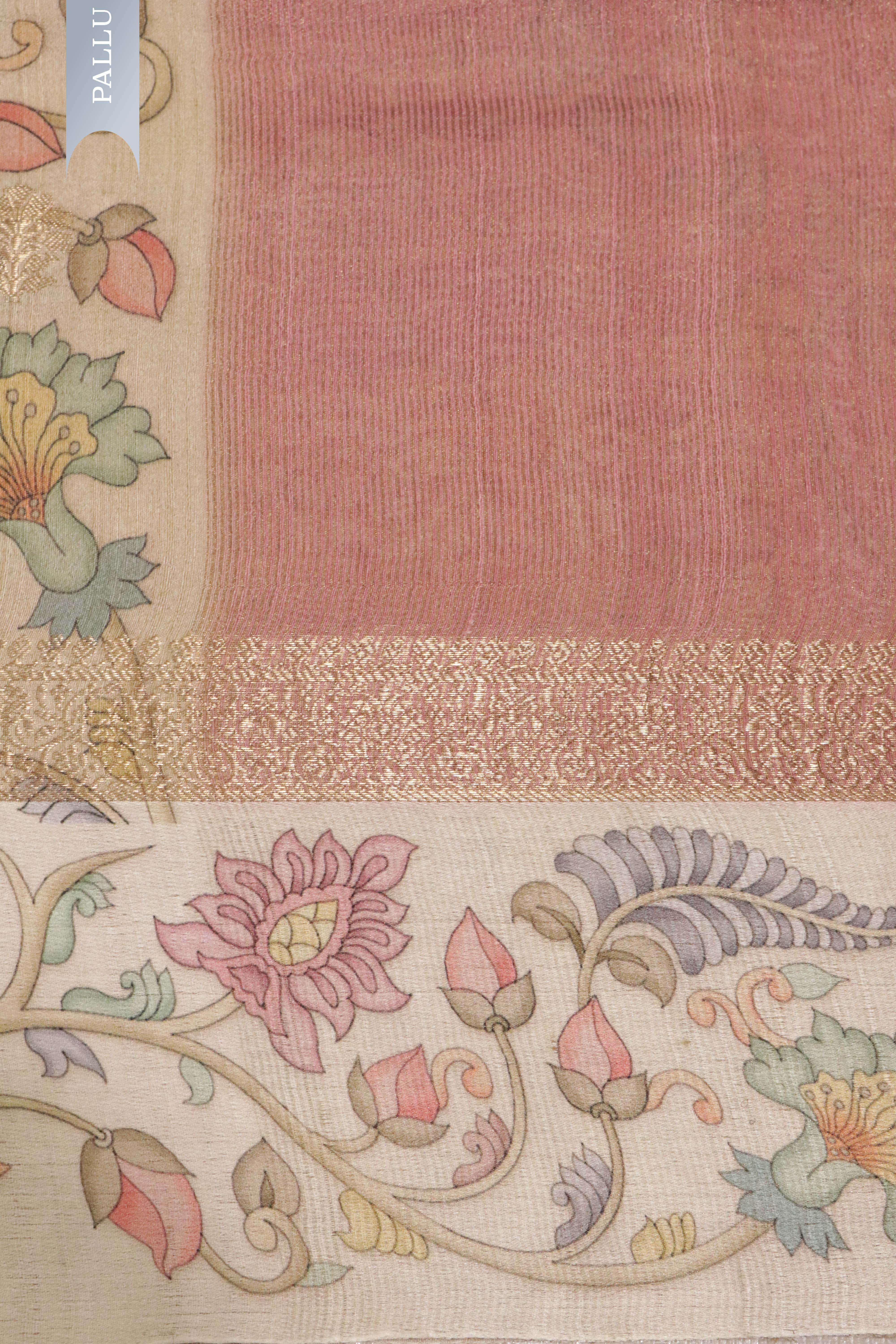Banaras Tussar Silk Saree in Peach with Zari Motifs & Kalamkari Border