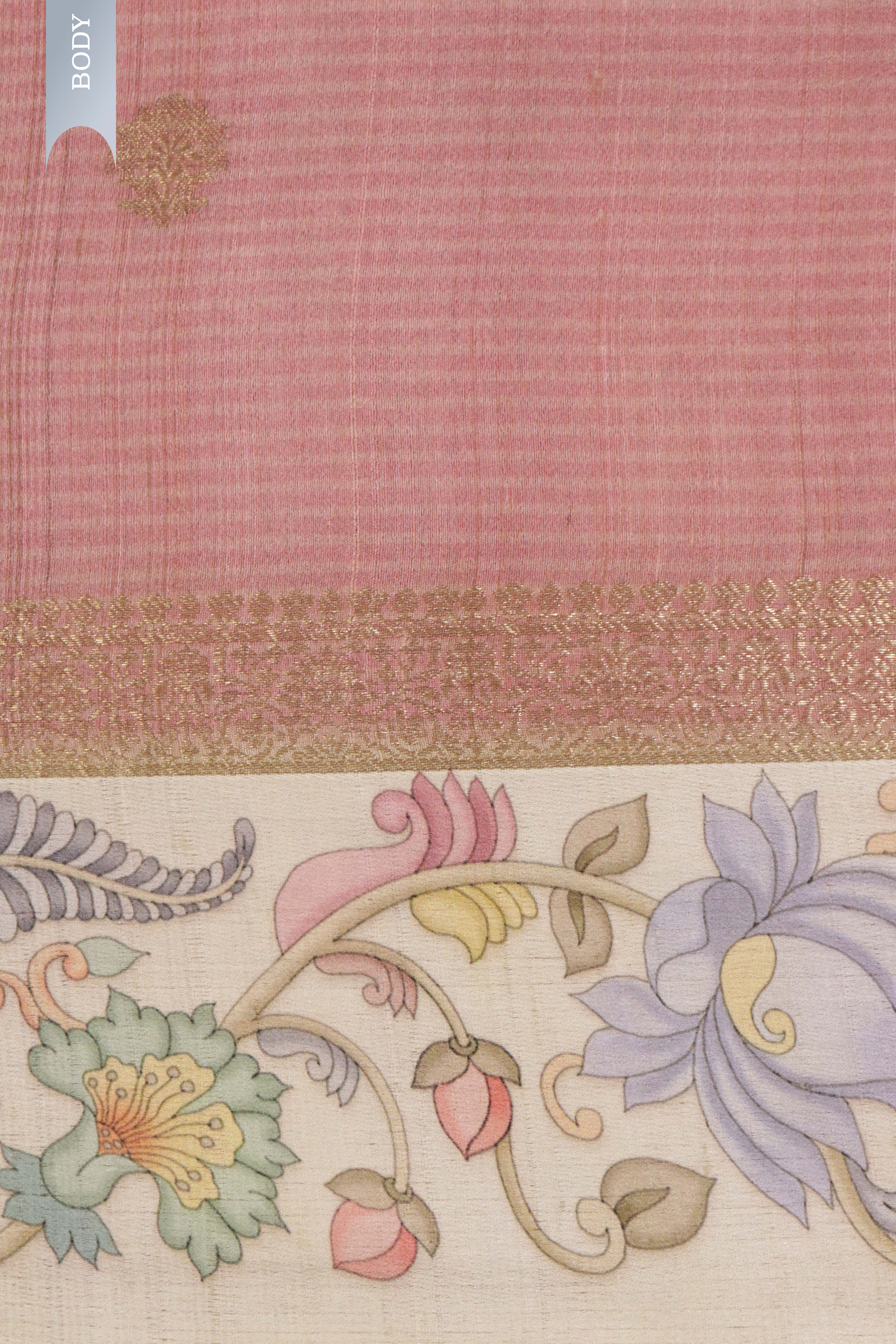 Banaras Tussar Silk Saree in Peach with Zari Motifs & Kalamkari Border
