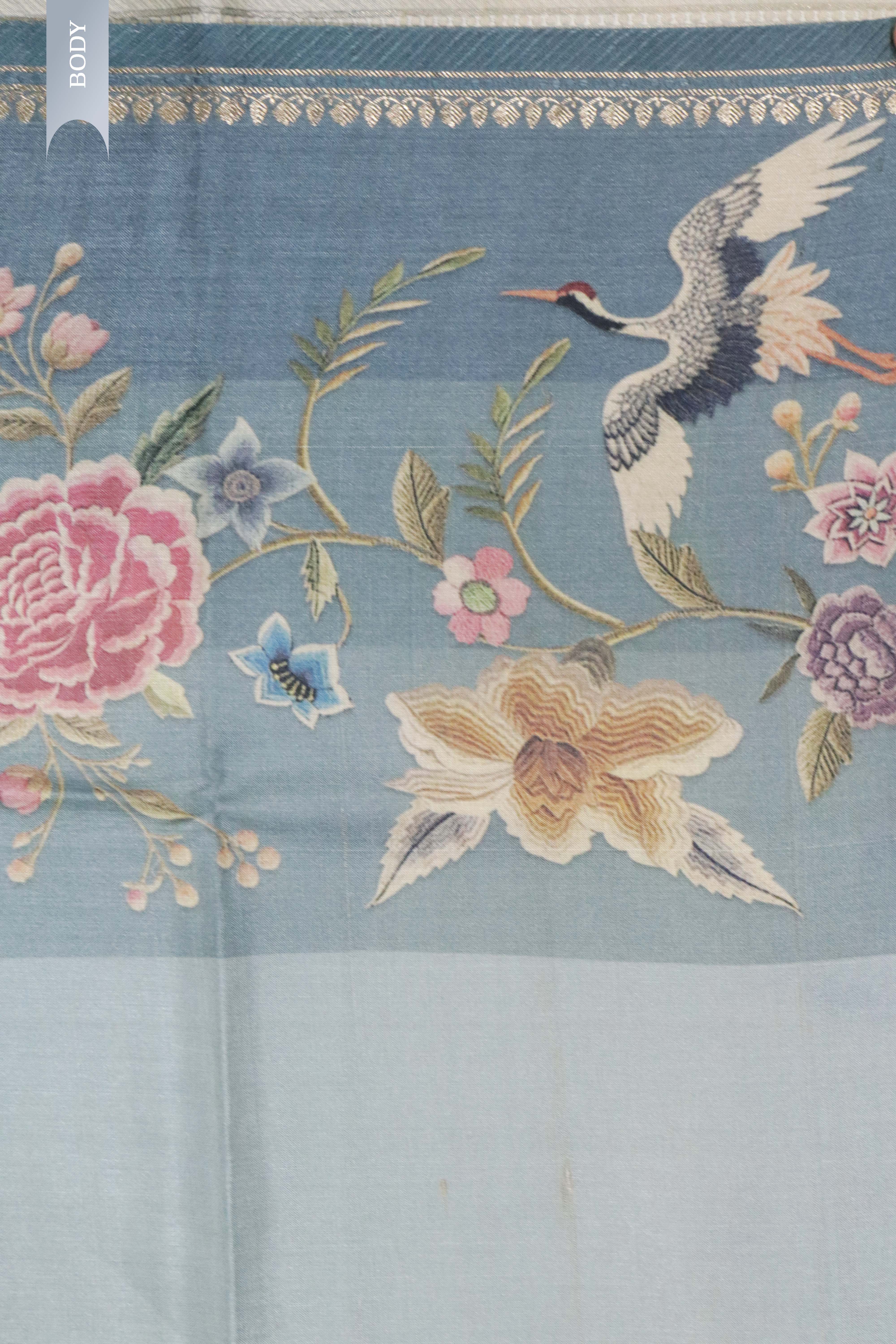 Pastel Blue Tussar Silk Saree with Floral Print & Zari Border