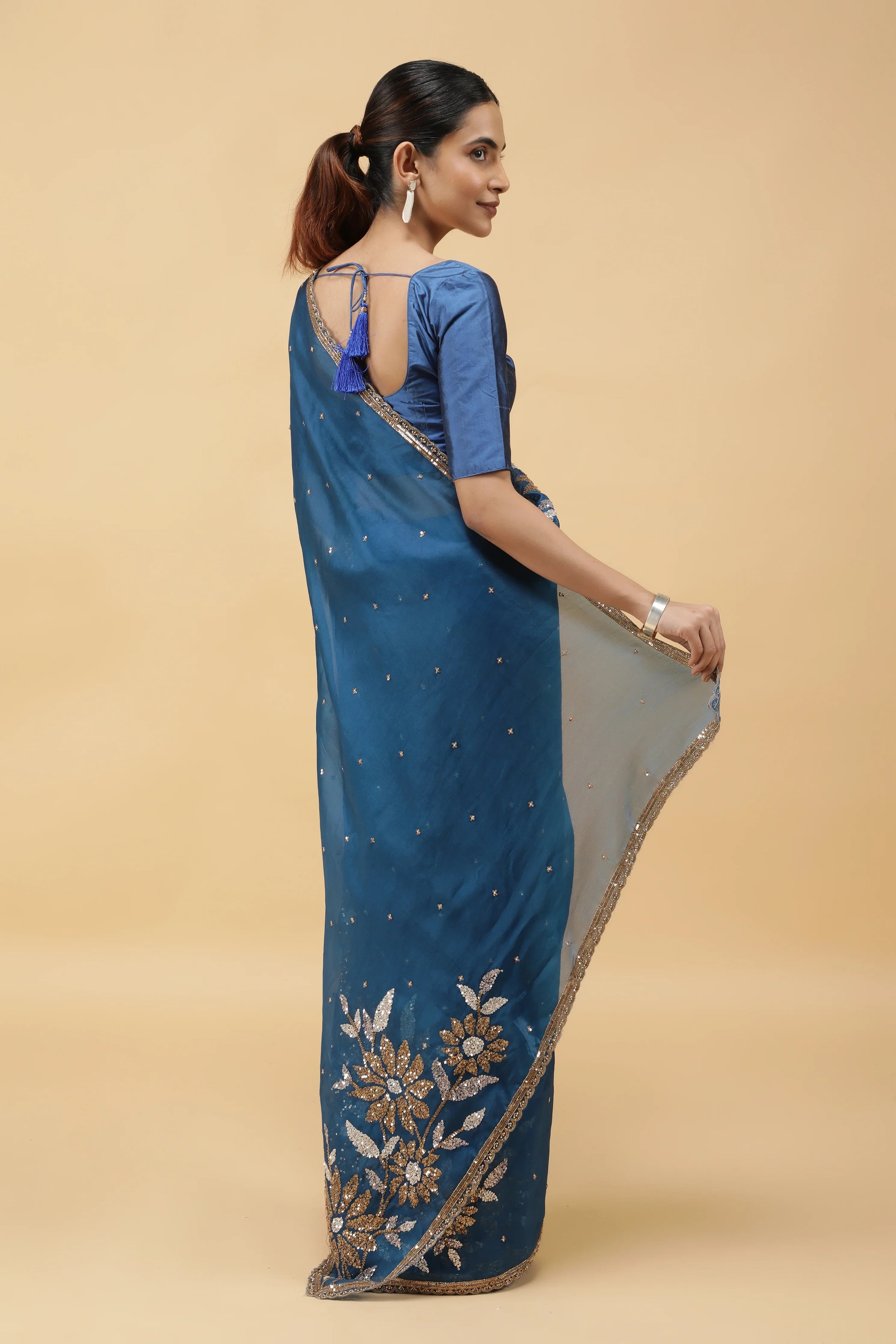 Serulel Blue Organza Saree with Sequin Embroidery - Mokshaa