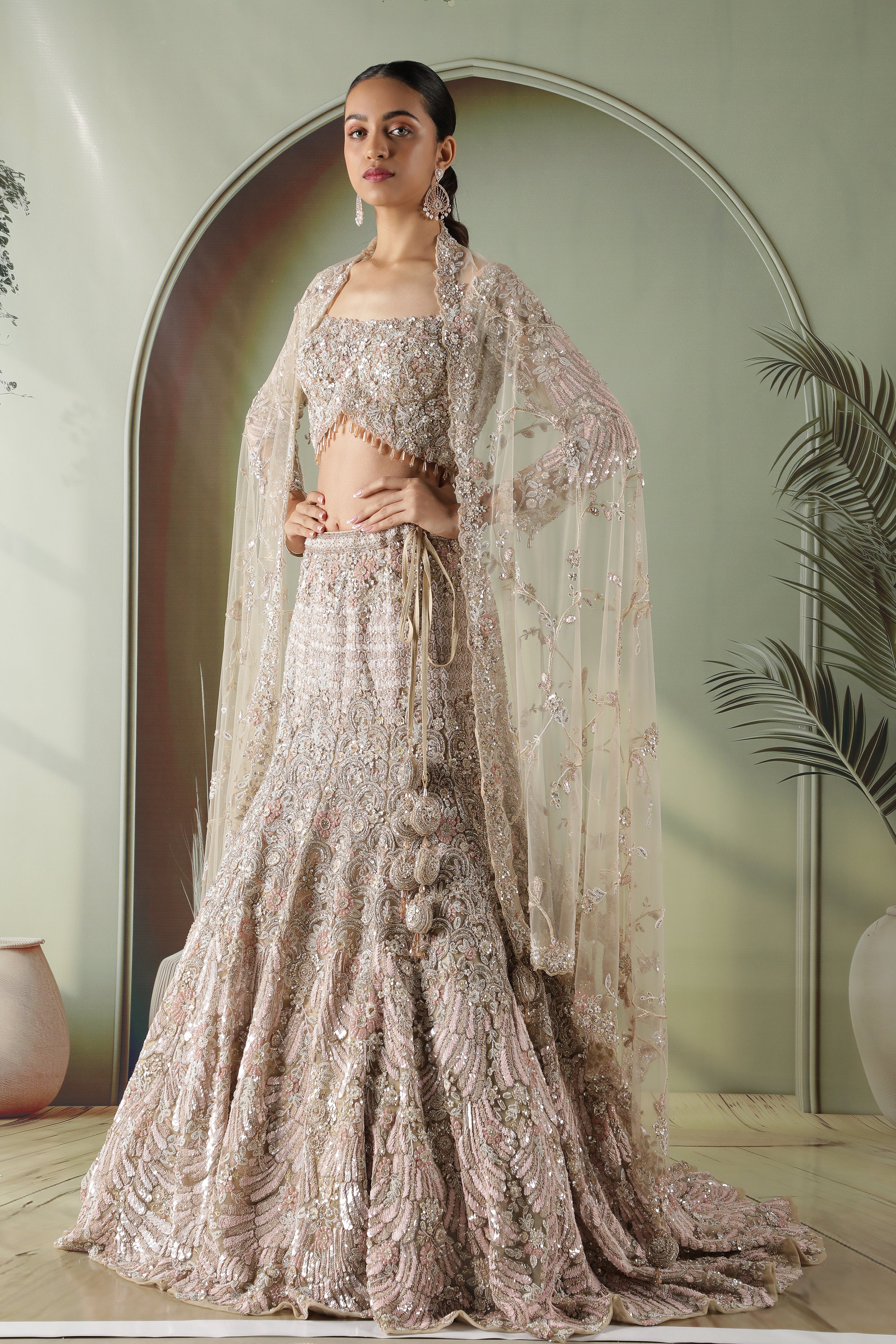 Beige Gold Mermaid Cut Bridal Lehenga Set with Trail