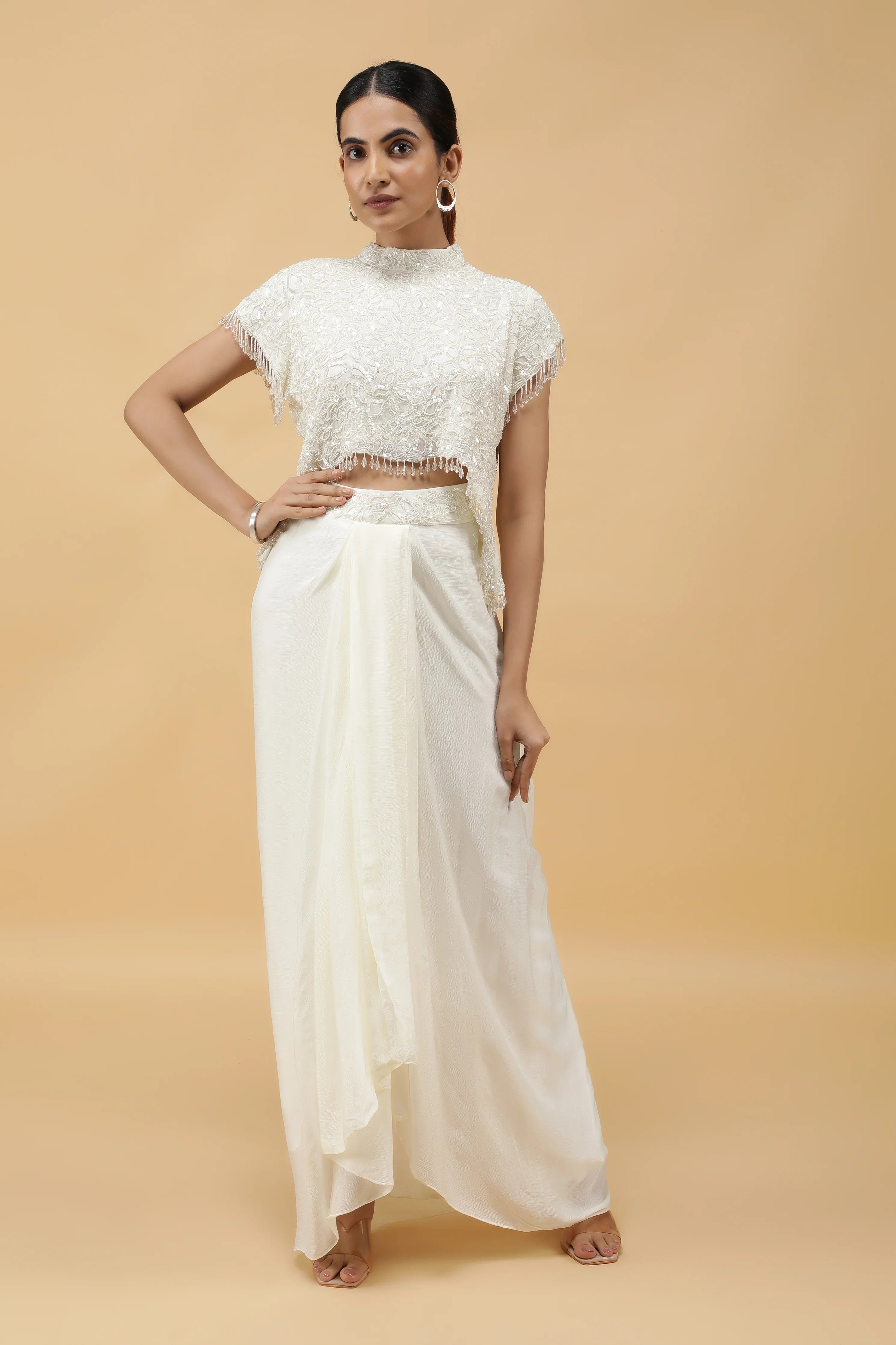 Ivory Gleam Pearl Sequin Crop Top & Draped Skirt Set | Mokshaa