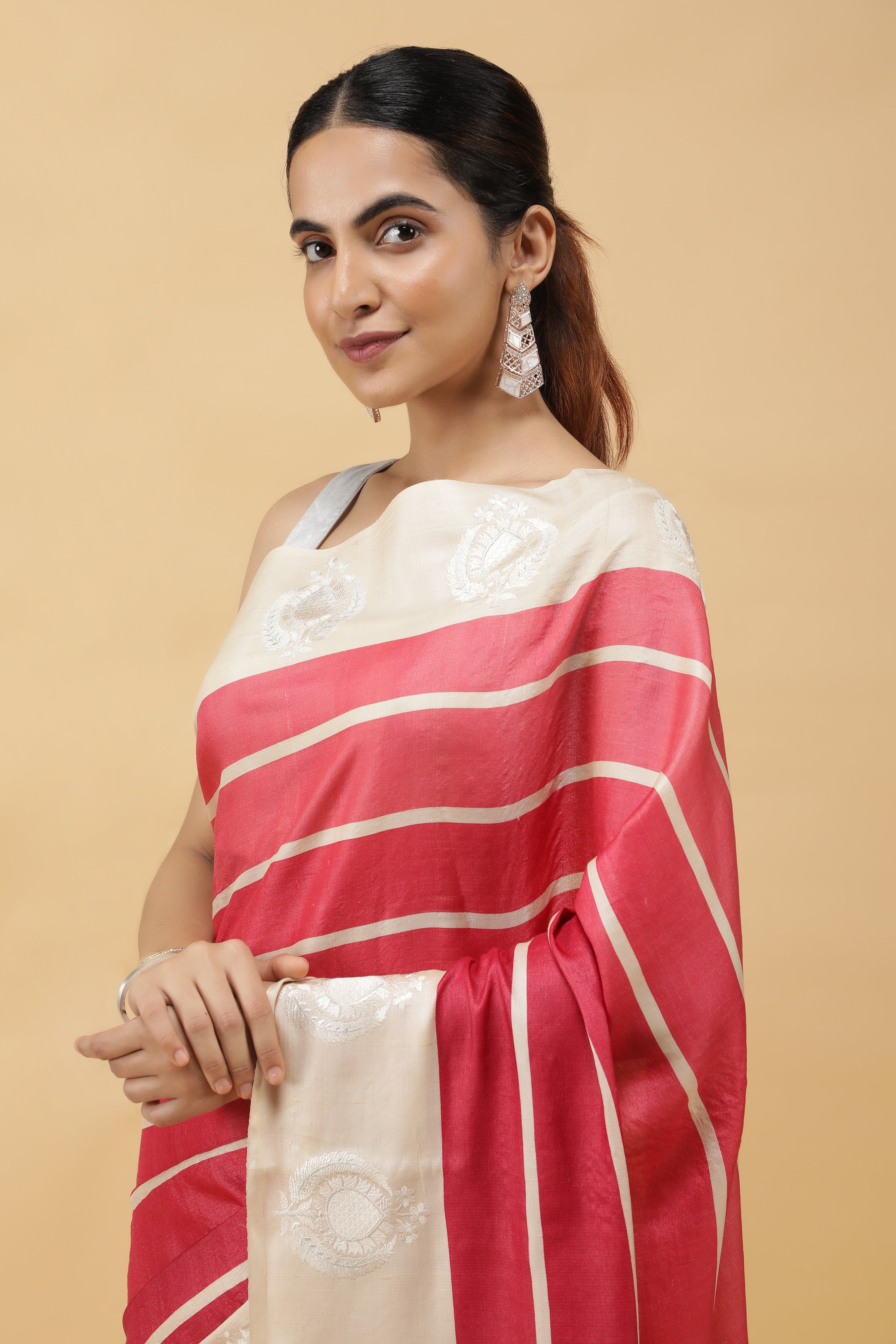 Pinkish Red Tussar Silk Saree with Contrast Motifs