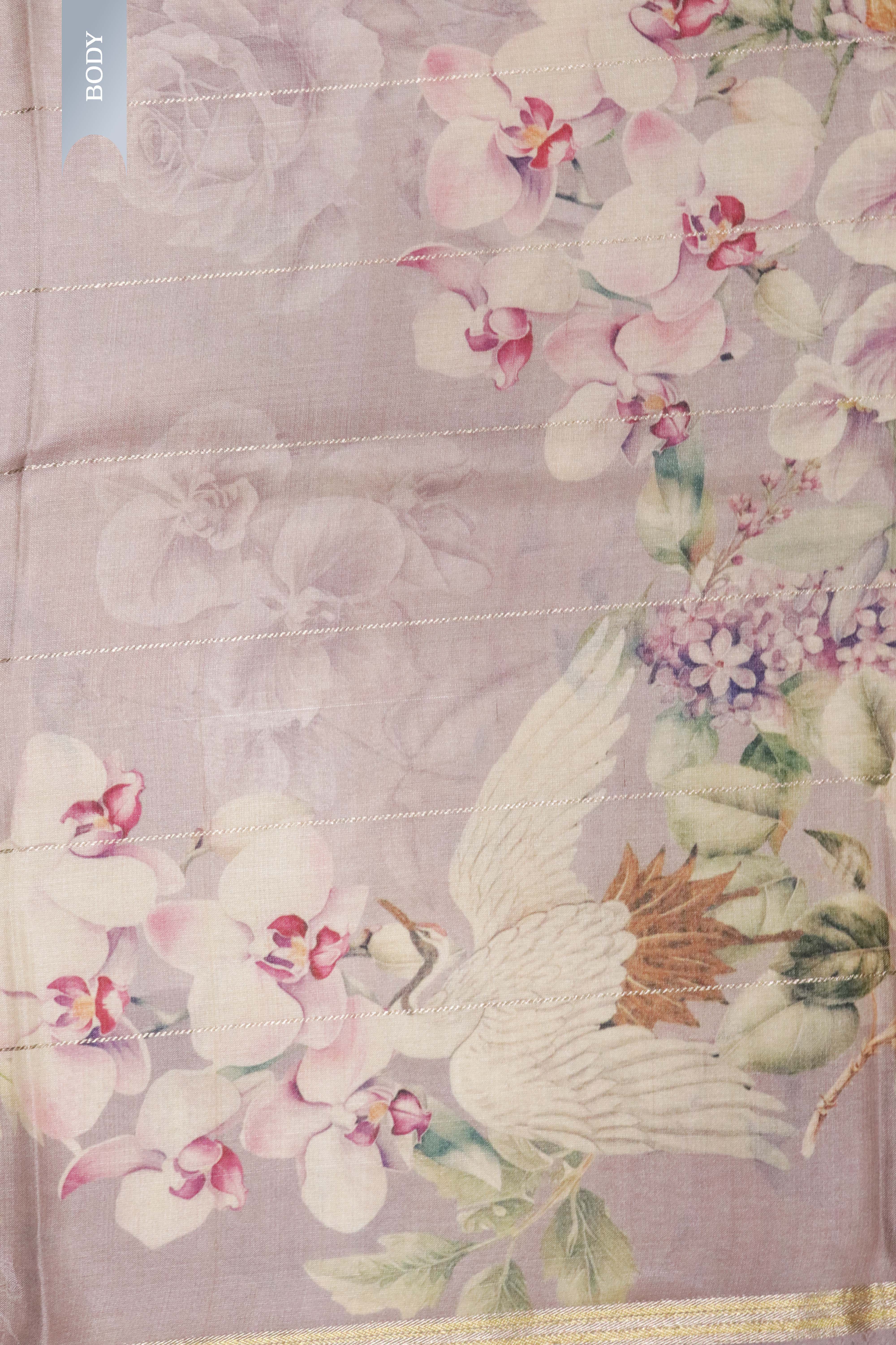 Light Lavender Tussar Silk Saree with Golden Stripes & Printed Body