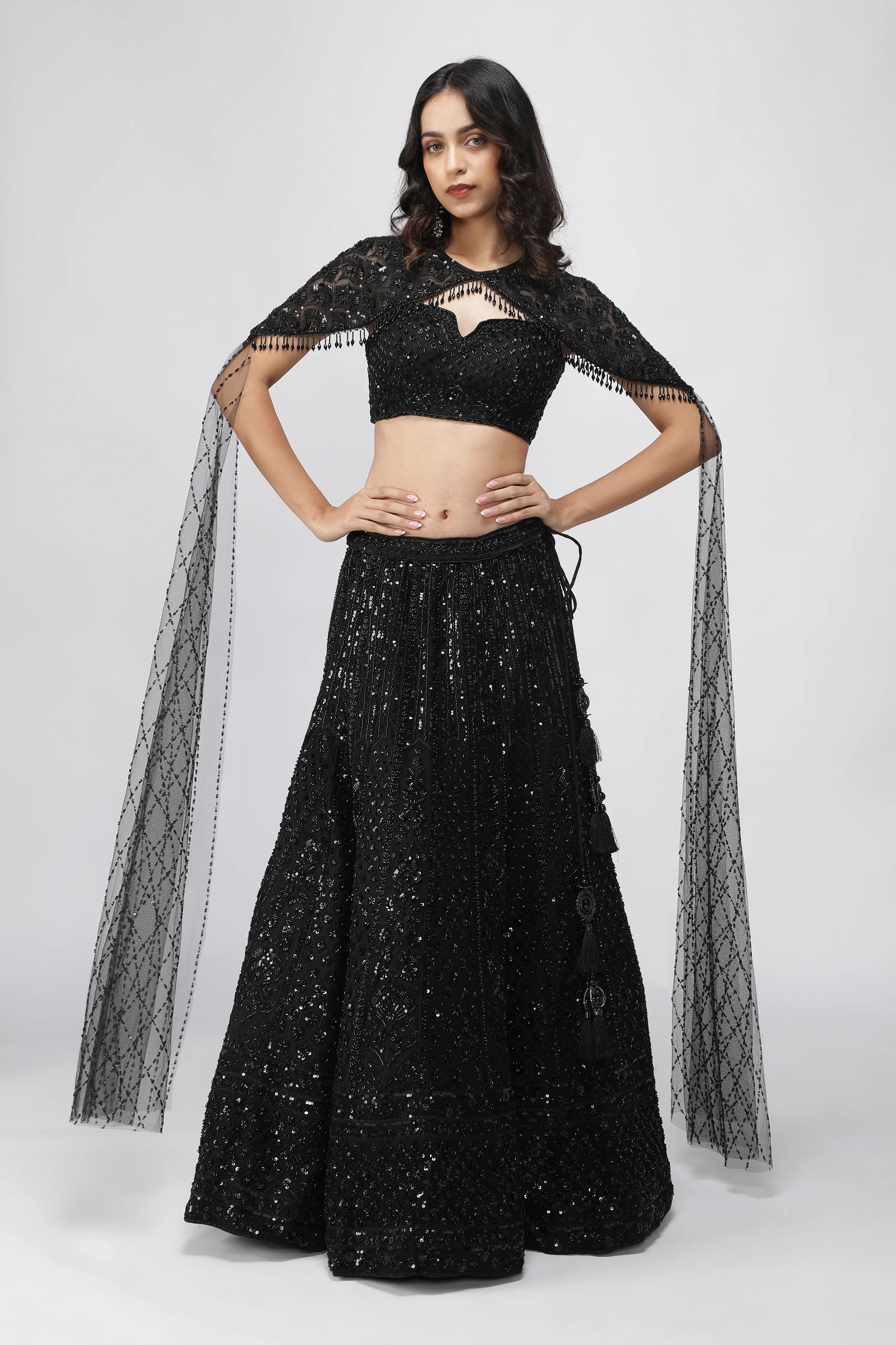 Black Net Embroidered Lehenga Set with Cape Dupatta | Mokshaa