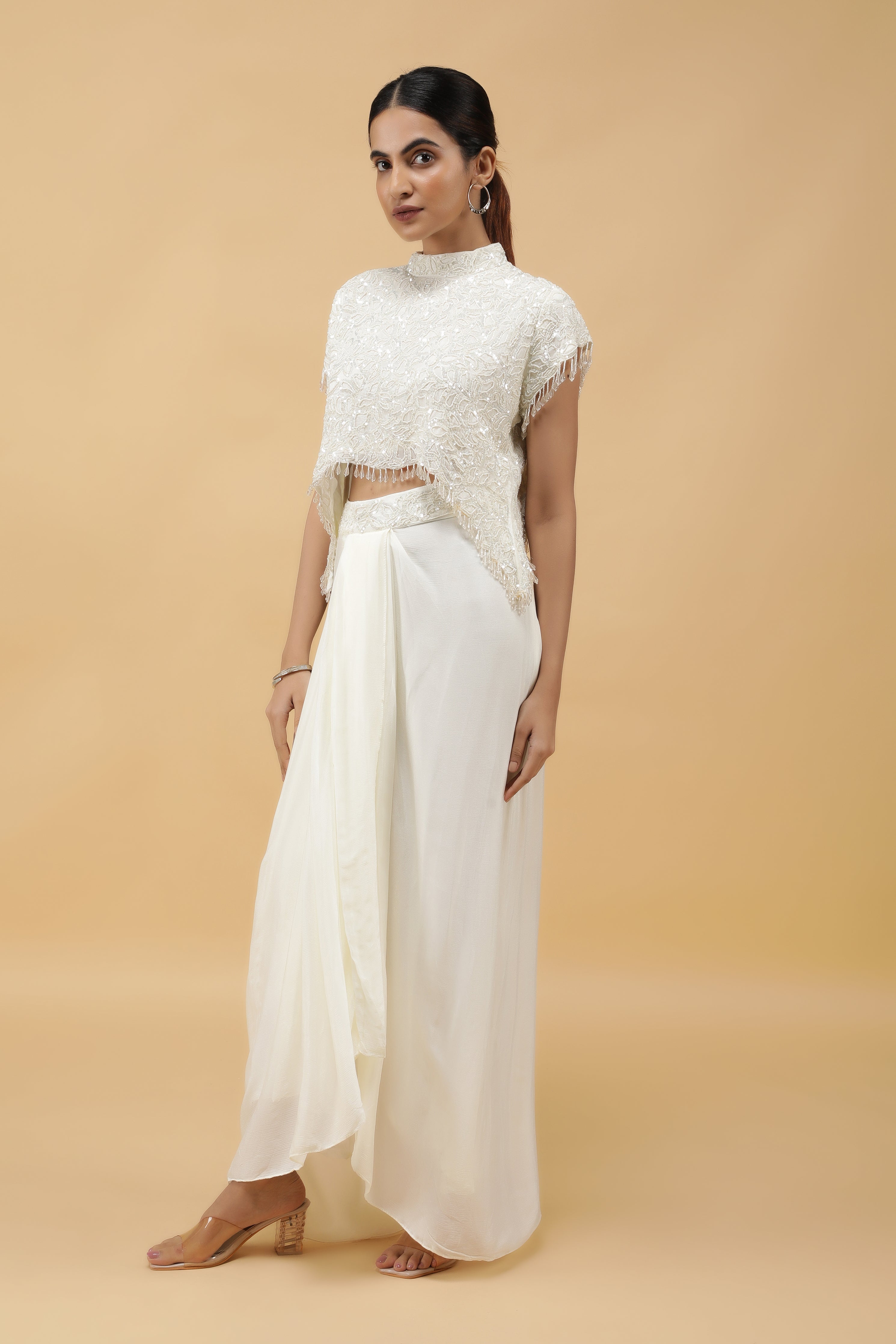 Ivory Gleam Pearl Sequin Crop Top & Draped Skirt Set
