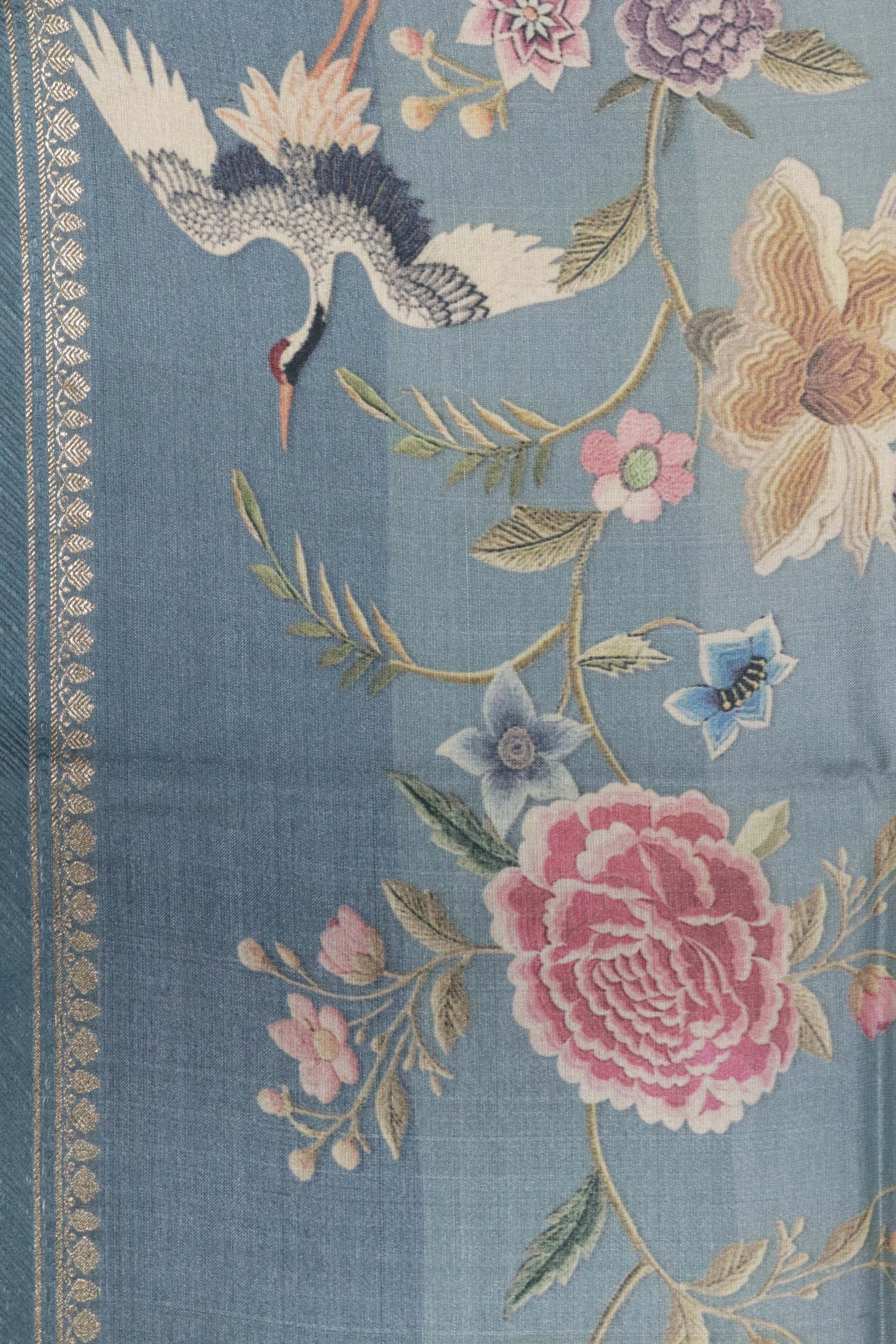 Pastel Blue Tussar Silk Saree with Floral Print & Zari Border