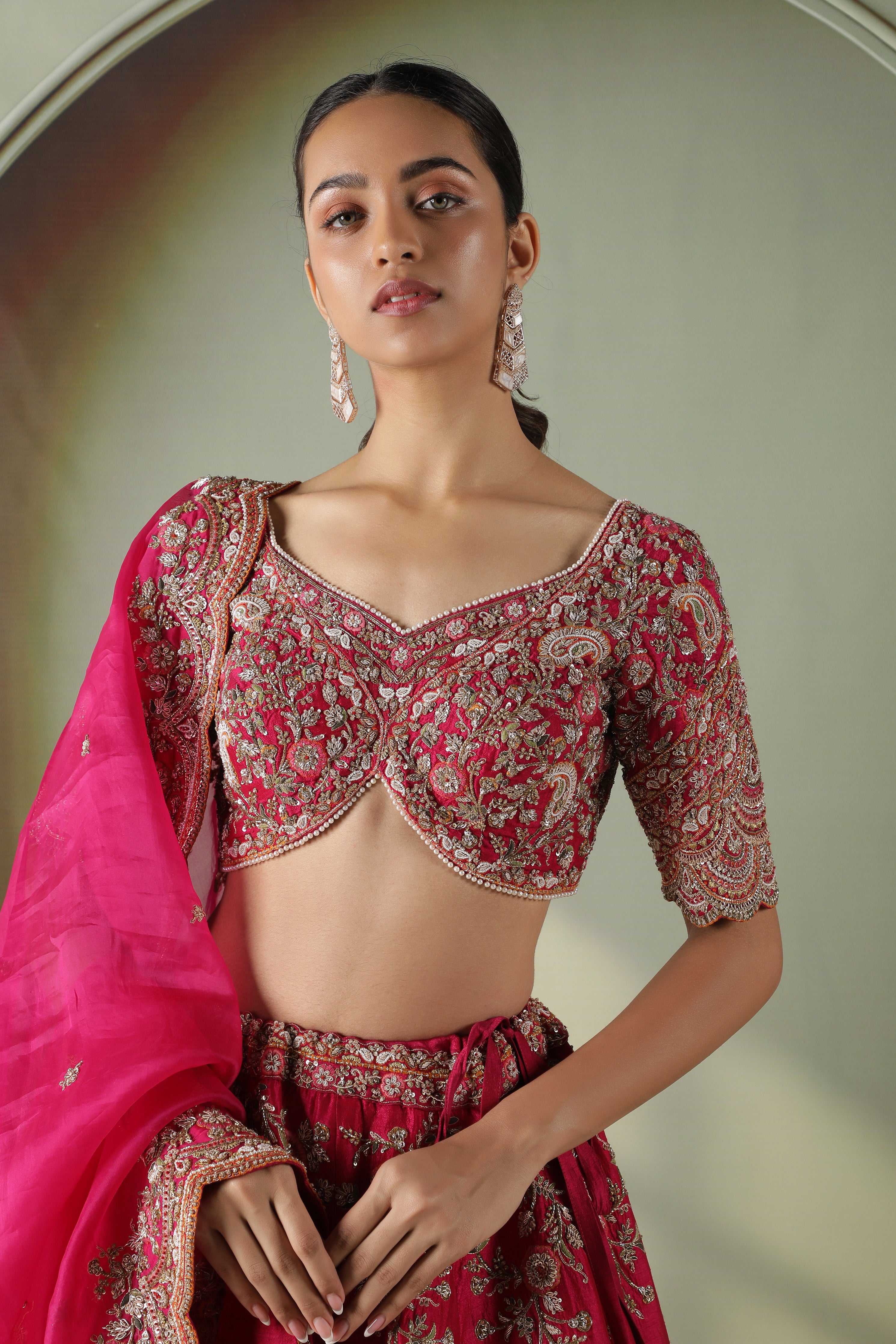 Pink Raw Silk Bridal Lehenga with Organza Dupatta