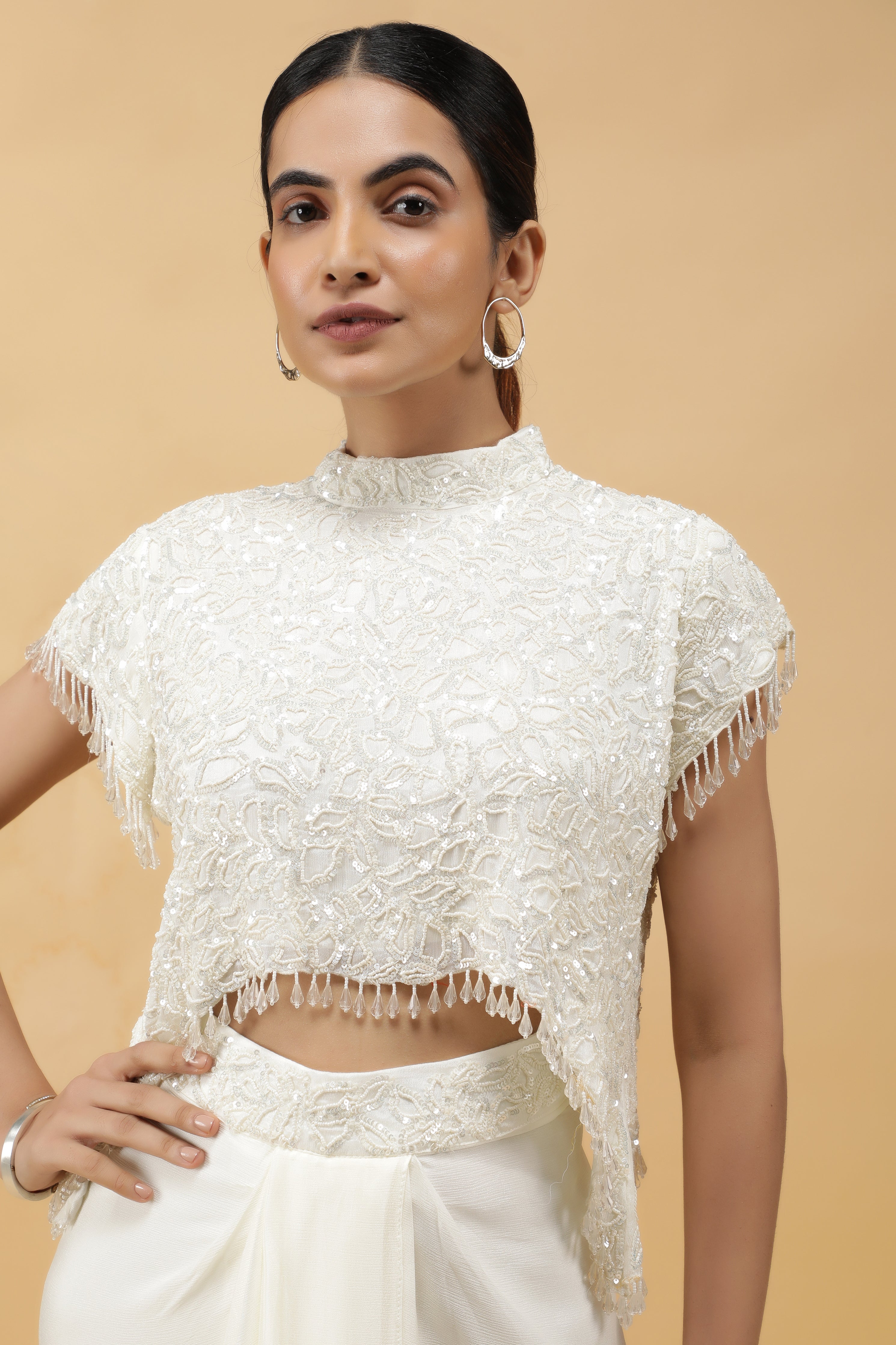 Ivory Gleam Pearl Sequin Crop Top & Draped Skirt Set