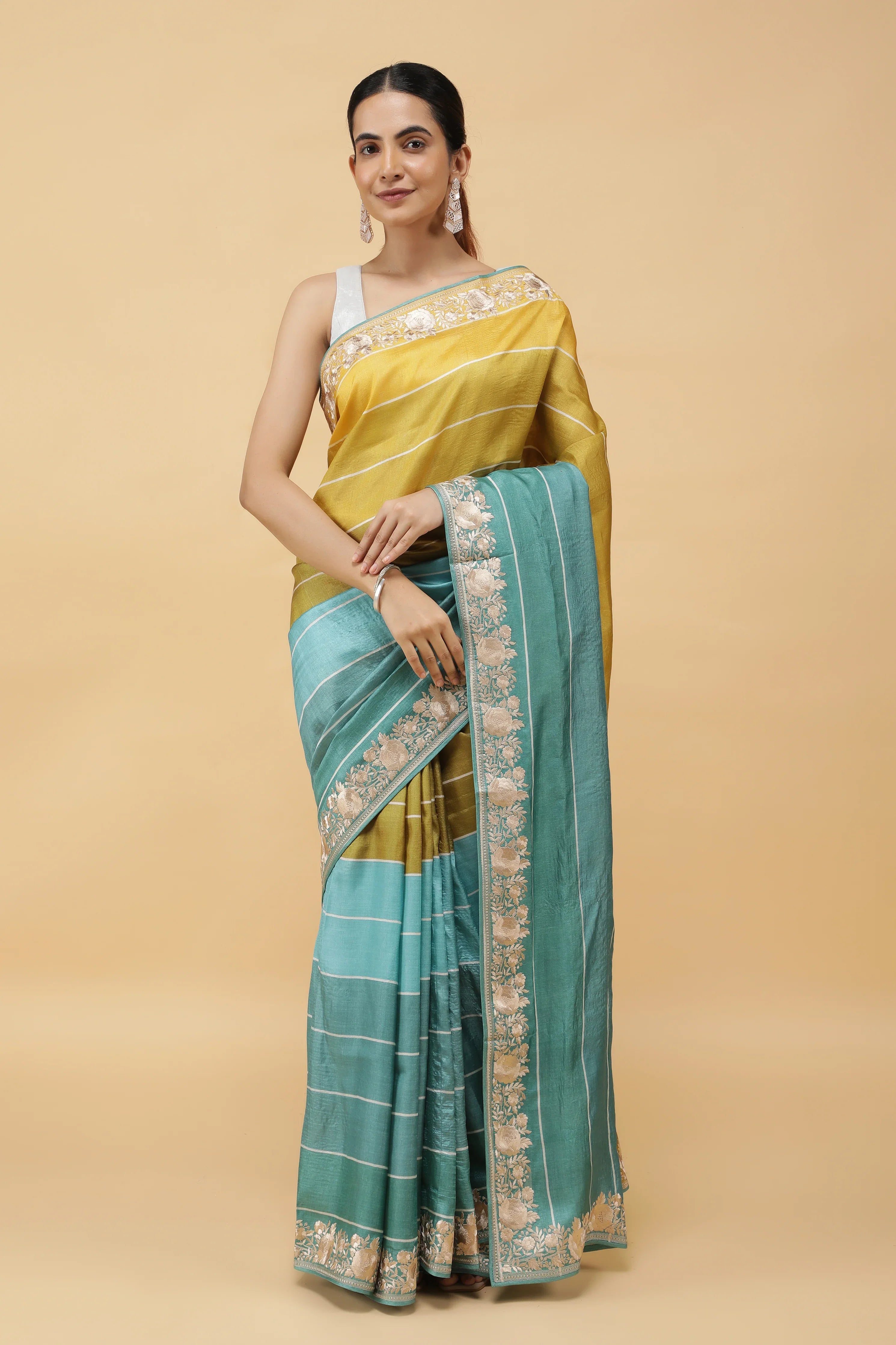 Green & Blue Tussar Silk Saree with Thread Embroidered Border | Mokshaa