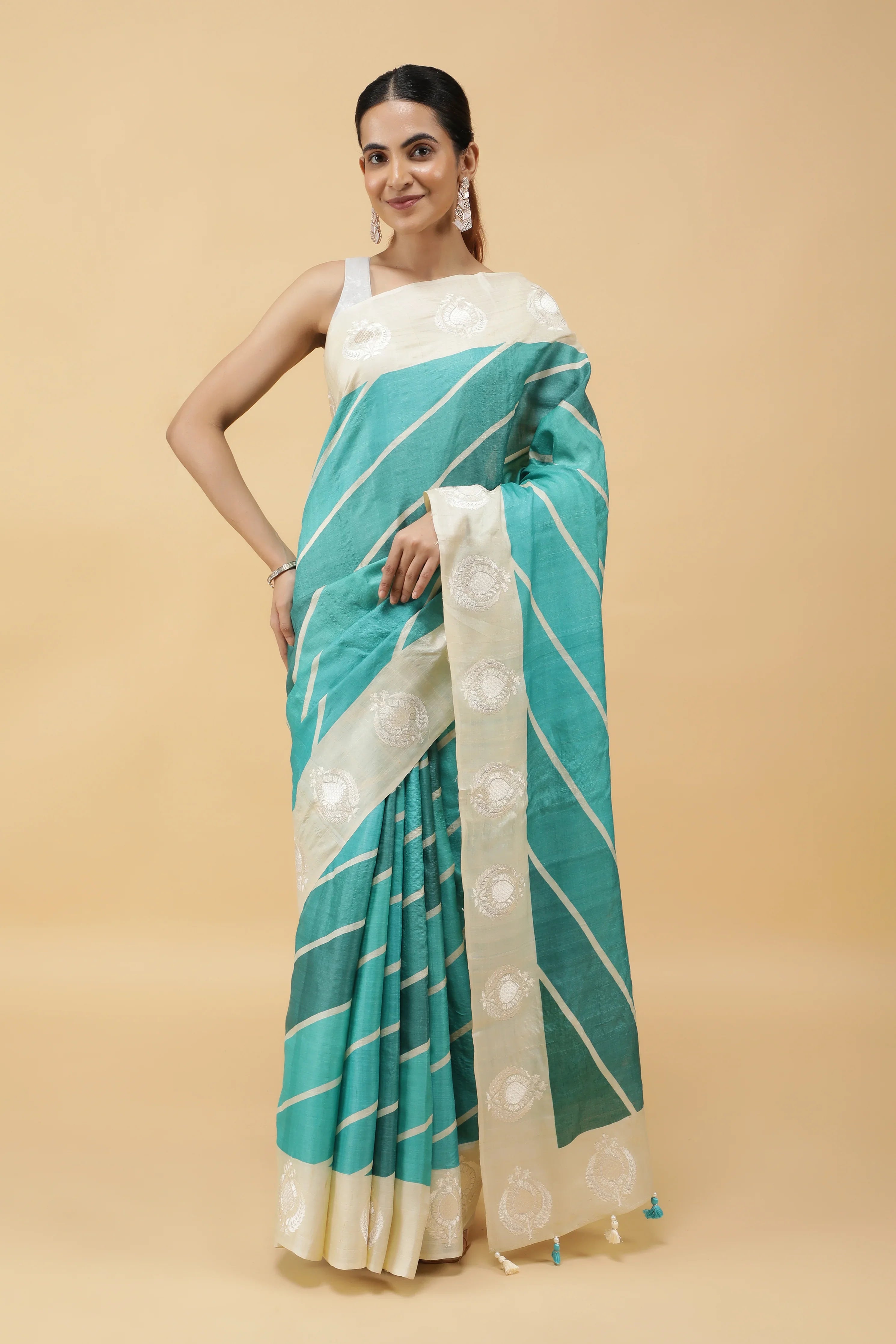Turquoise Blue Tussar Silk Saree with Zari Motifs | Mokshaa