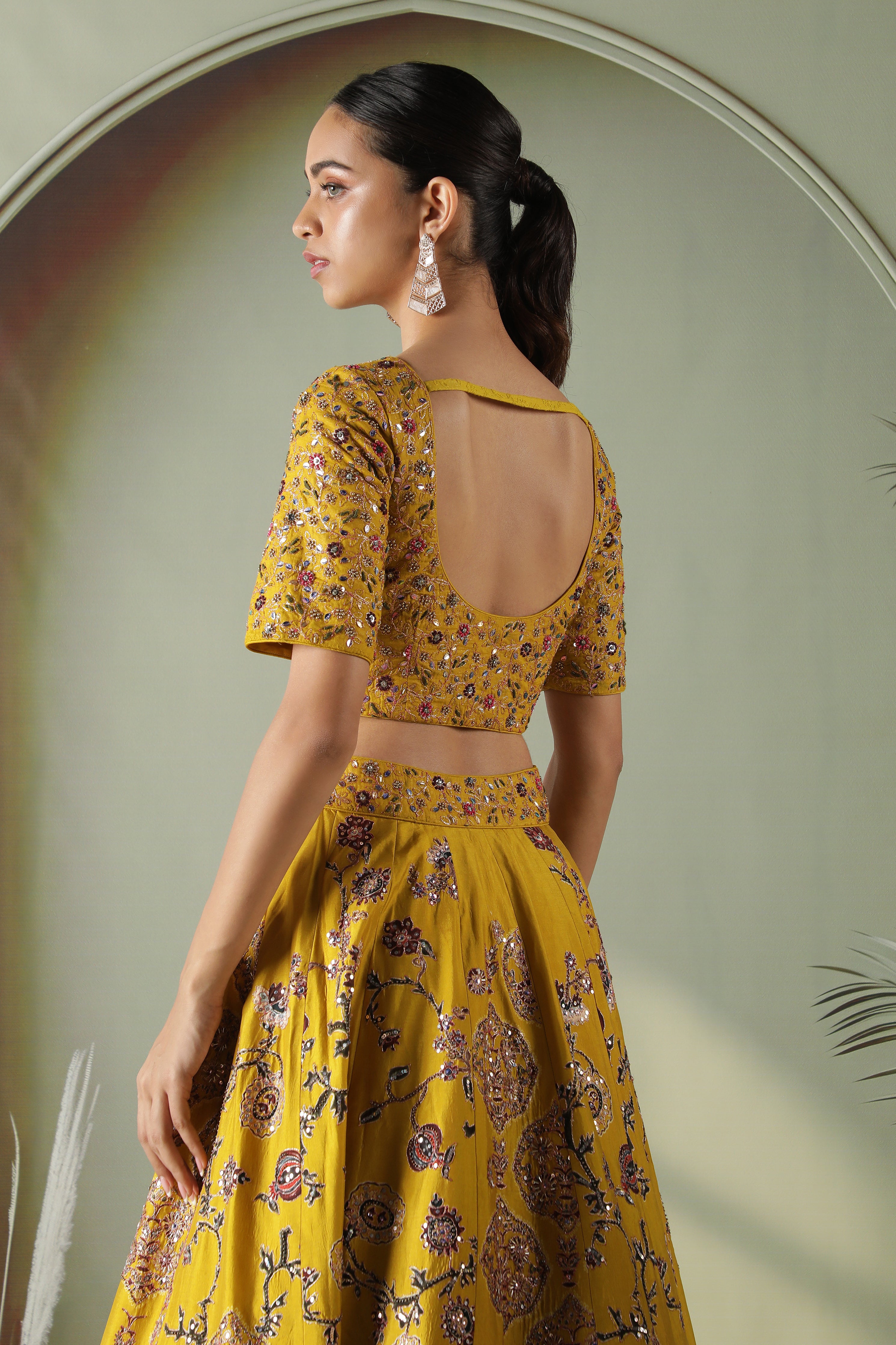 Yellow Printed Silk Lehenga Set