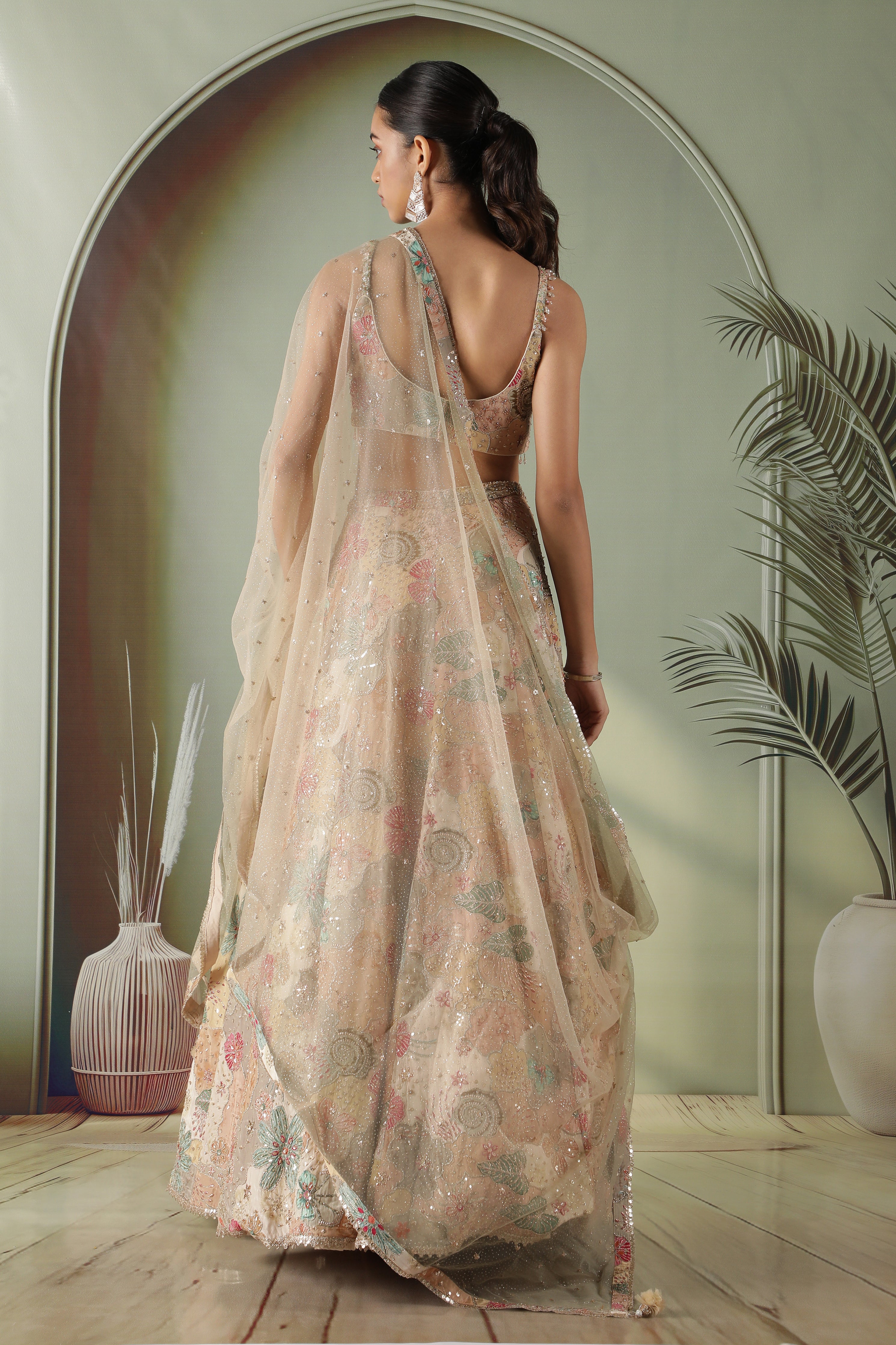 Beige Printed Silk Lehenga Set