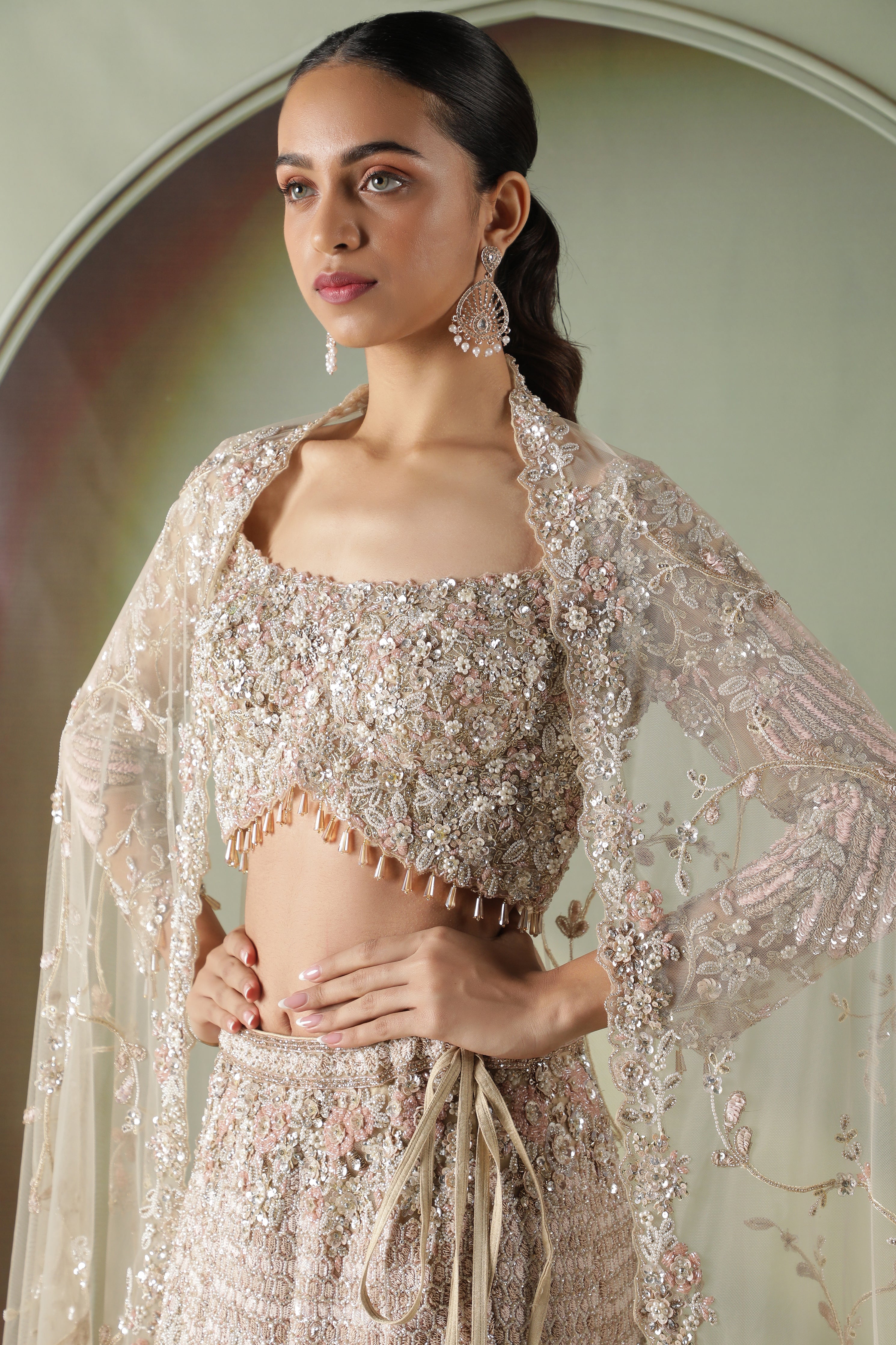 Beige Gold Mermaid Cut Bridal Lehenga Set with Trail