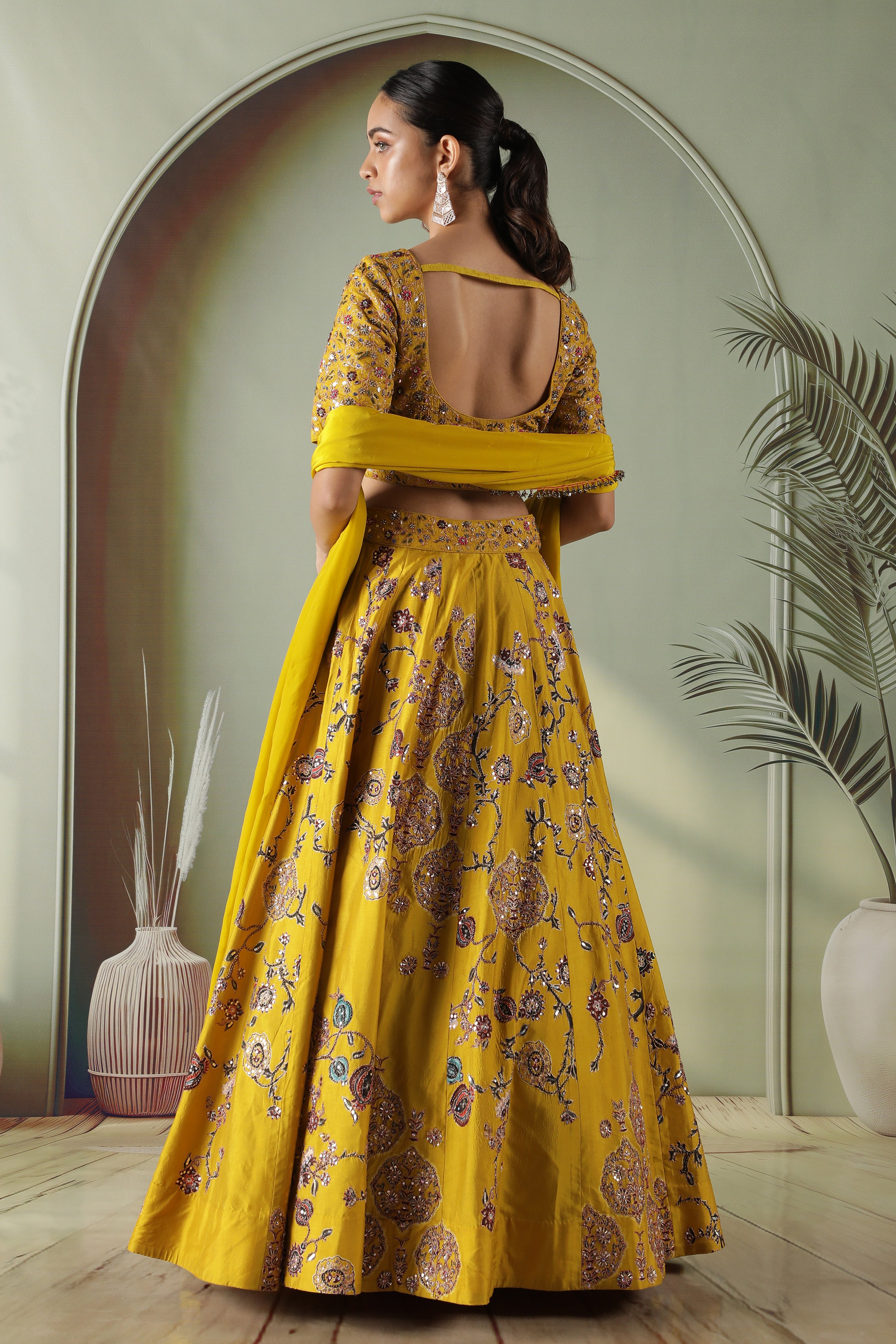 Yellow Printed Silk Lehenga Set