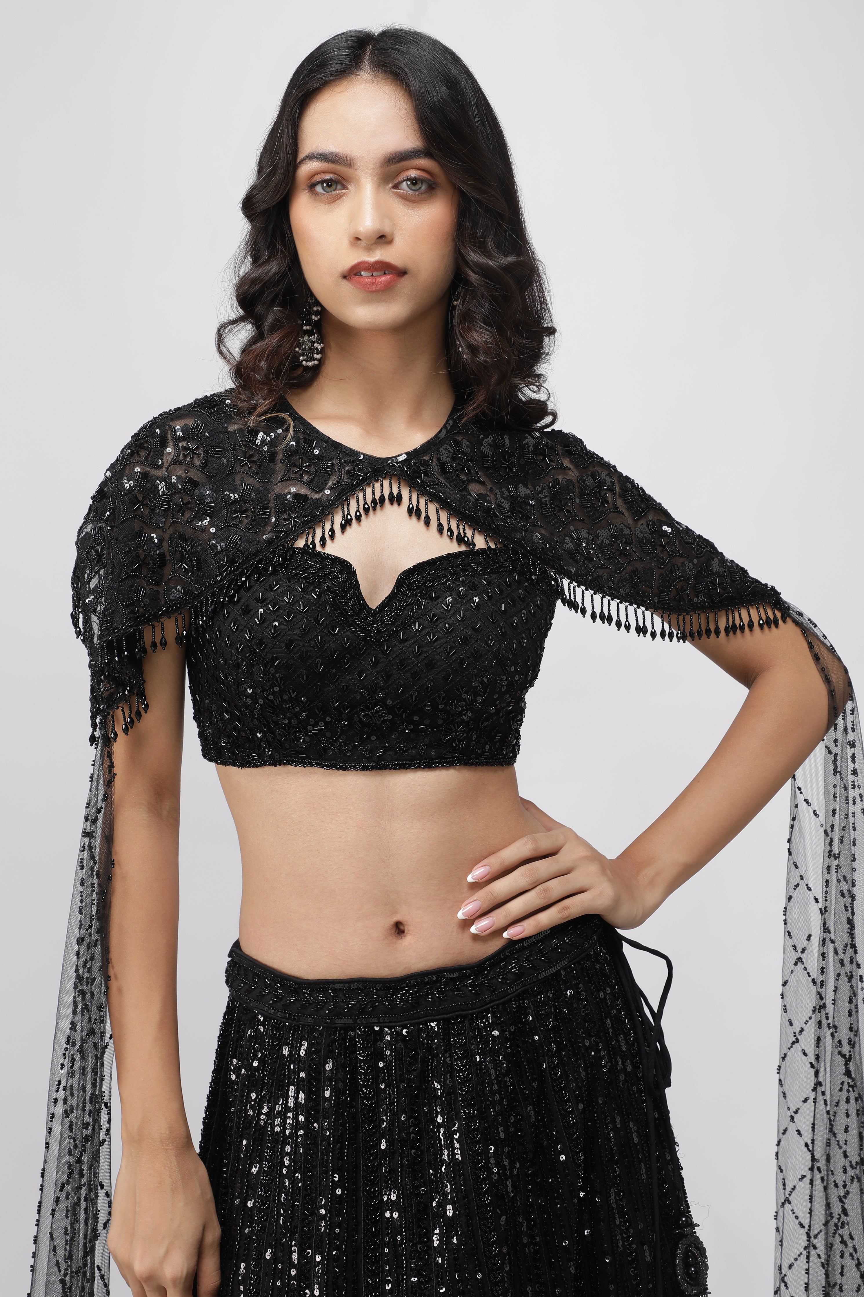 Black Net Embroidered Lehenga Set with Cape Dupatta