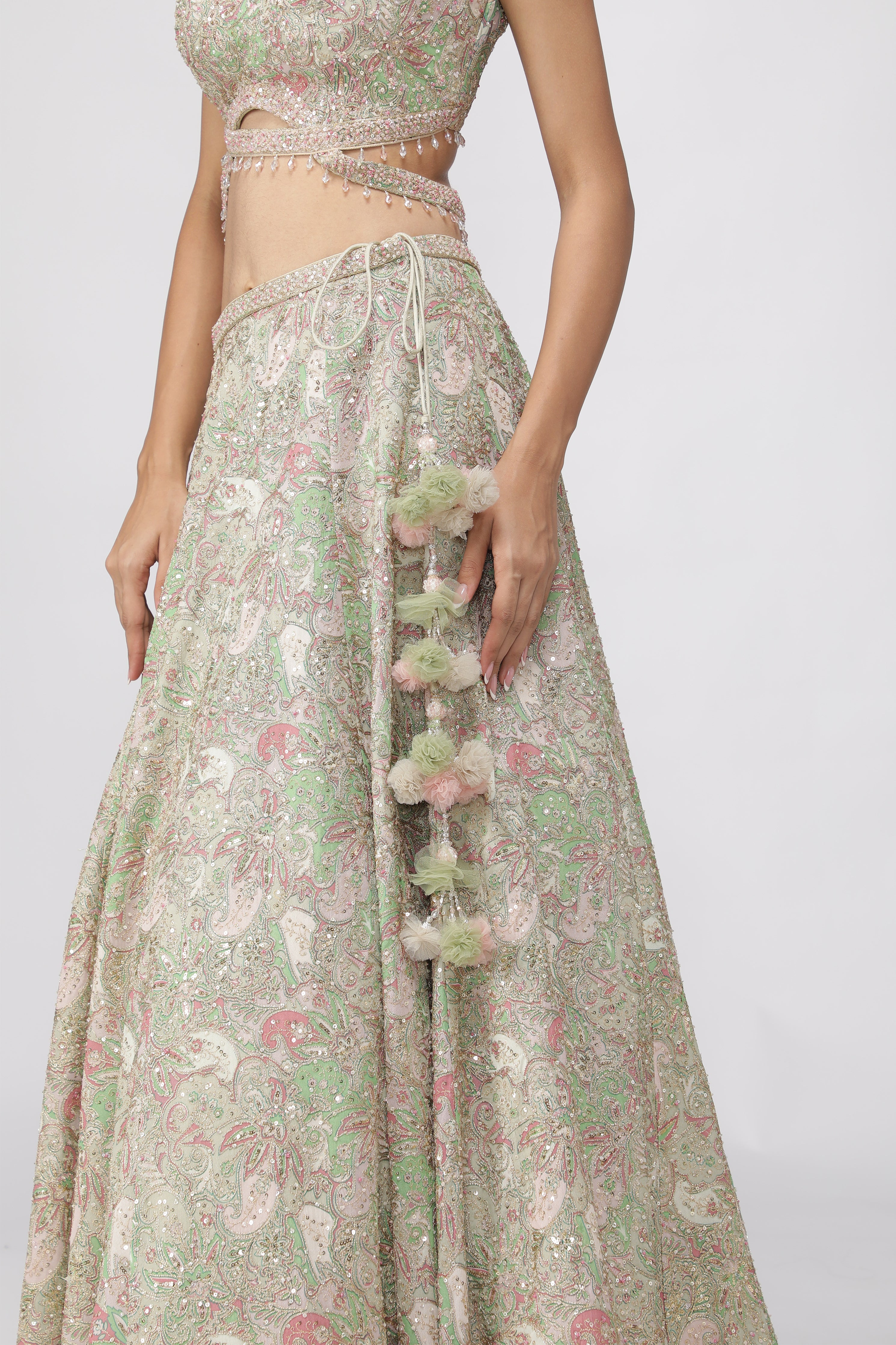 Pastel Green Printed Georgette Lehenga Set with Embellished Blouse