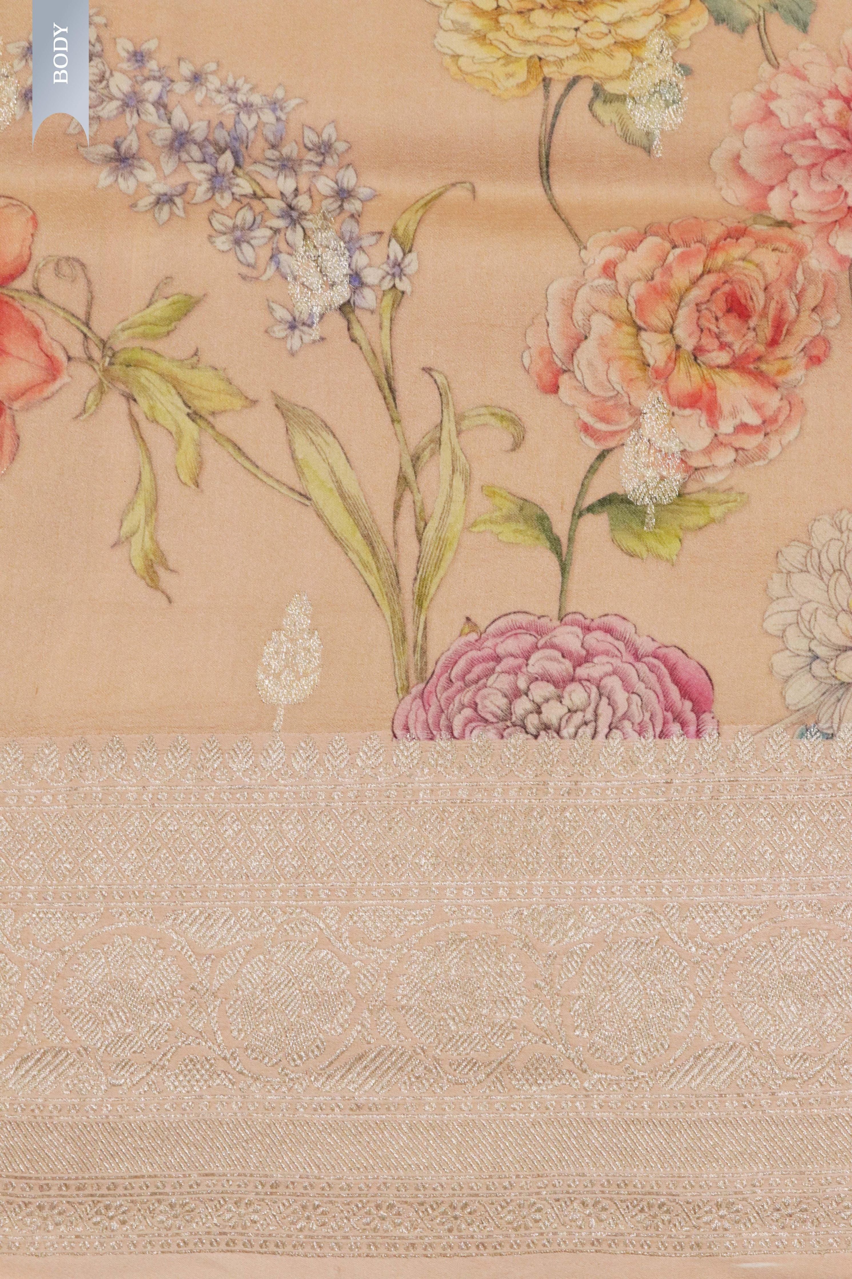 Tussar Silk Saree in Peach with Floral Print & Zari Border - Mokshaa