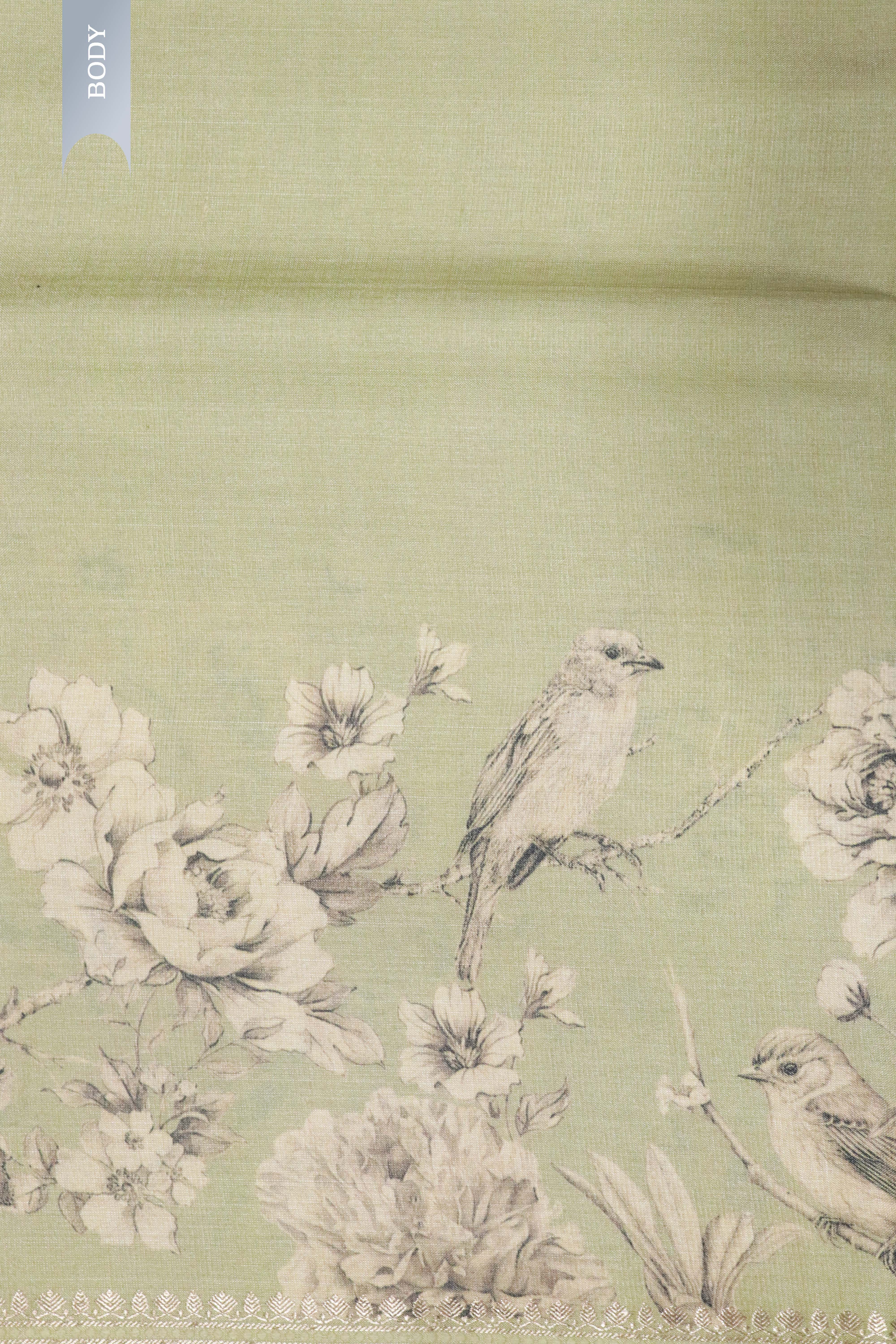 Green Tussar Silk Saree with Bird & Floral Print Border