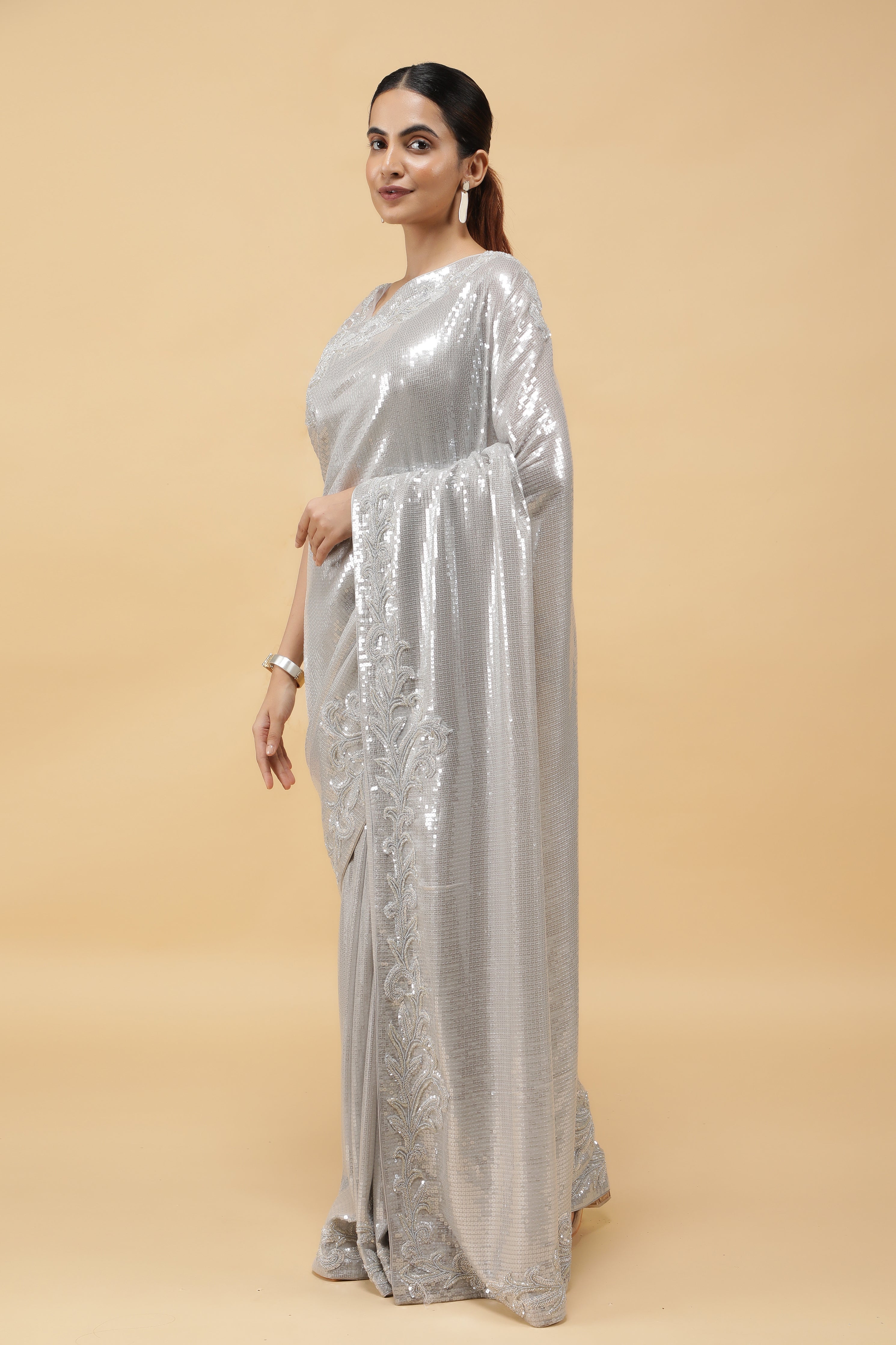 Silver Net Saree All Over Sequins Readymade Blouse