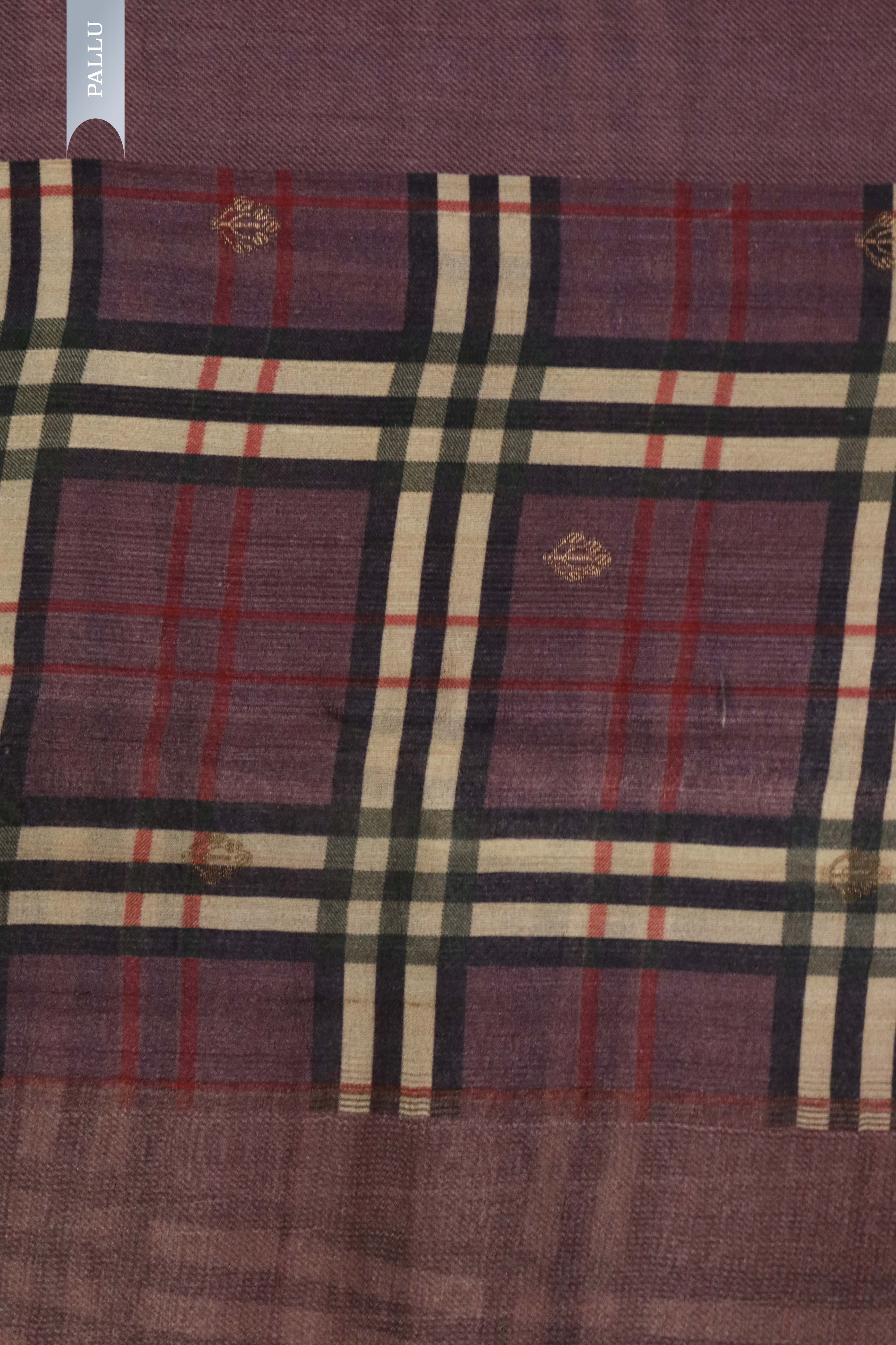 Wine Tussar Silk Saree with Satin Checks Border