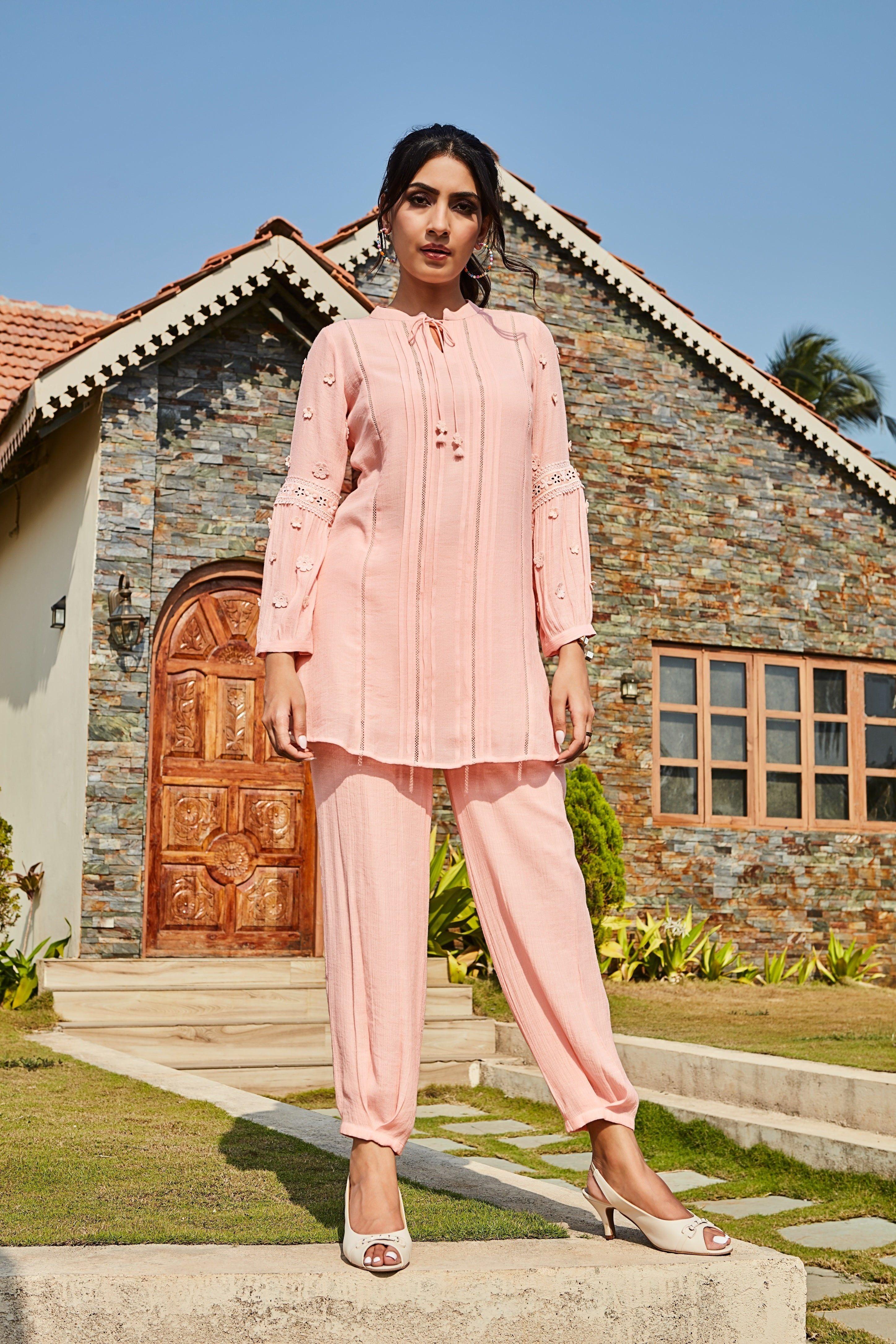 Blush Pink Textured Cotton Co-ord Set  Mokshaa