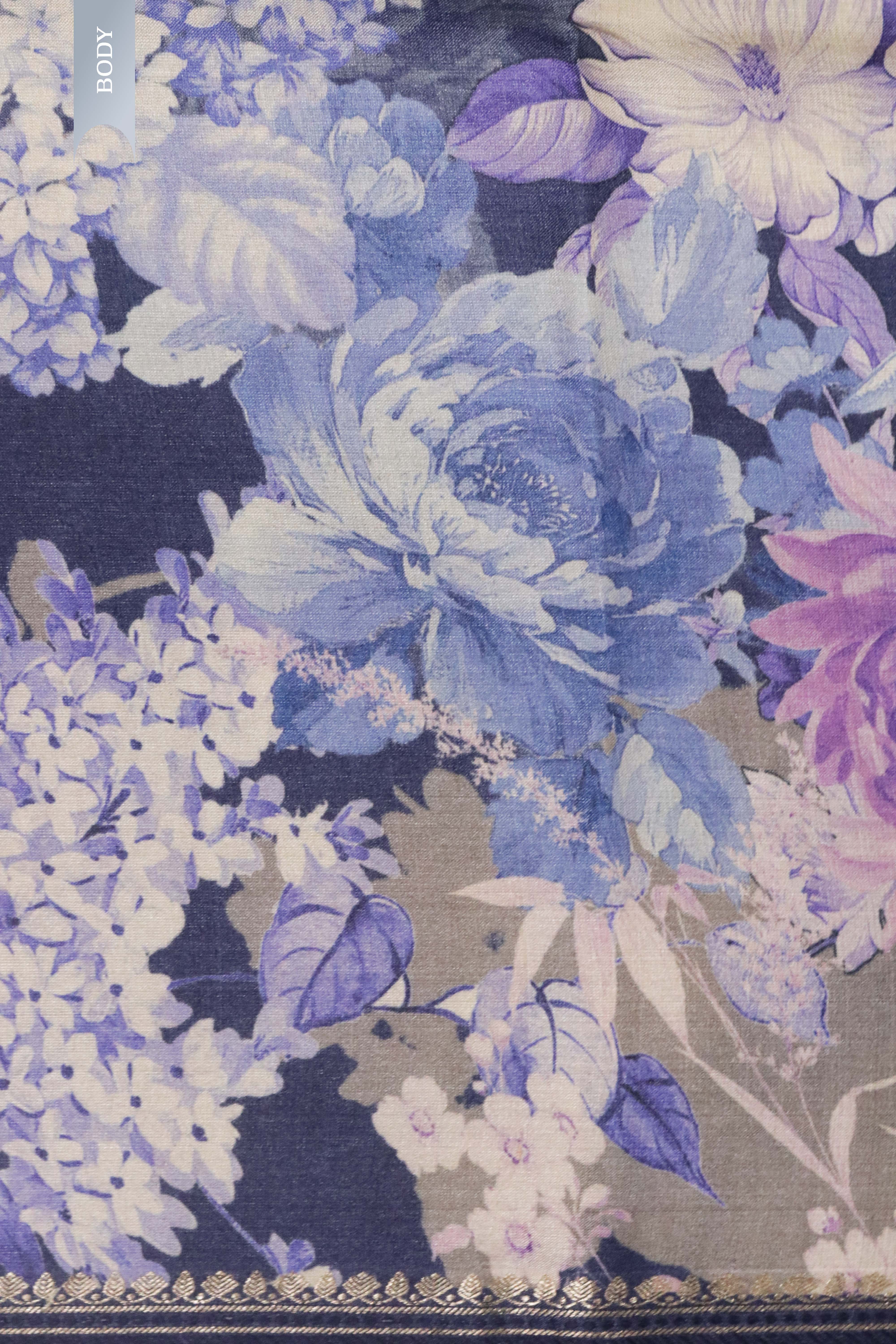 Grey Tussar Silk Saree with All-Over Floral Print