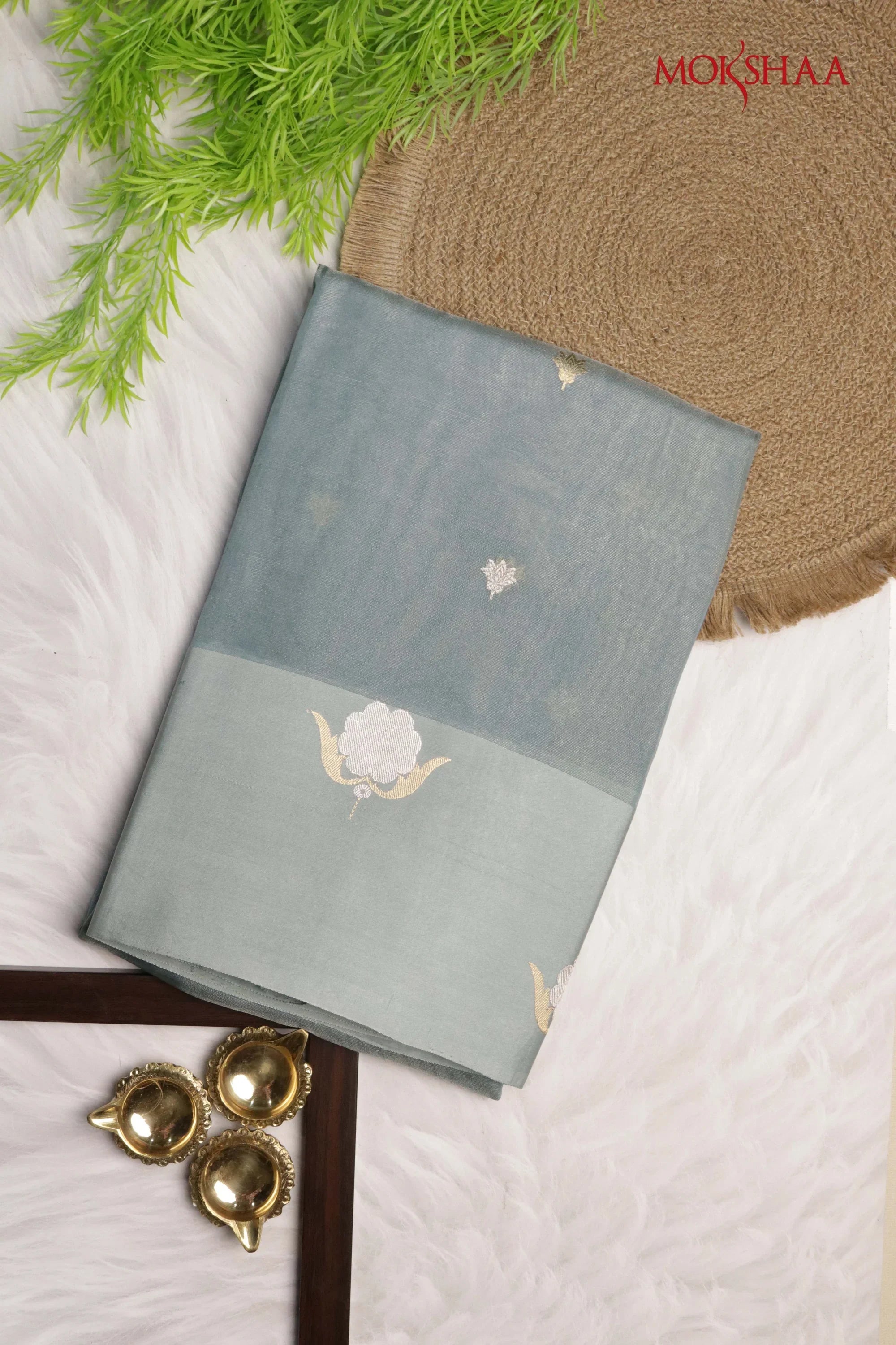 Ice Blue Banarasi Tissue Silk Saree with Satin Border | Mokshaa