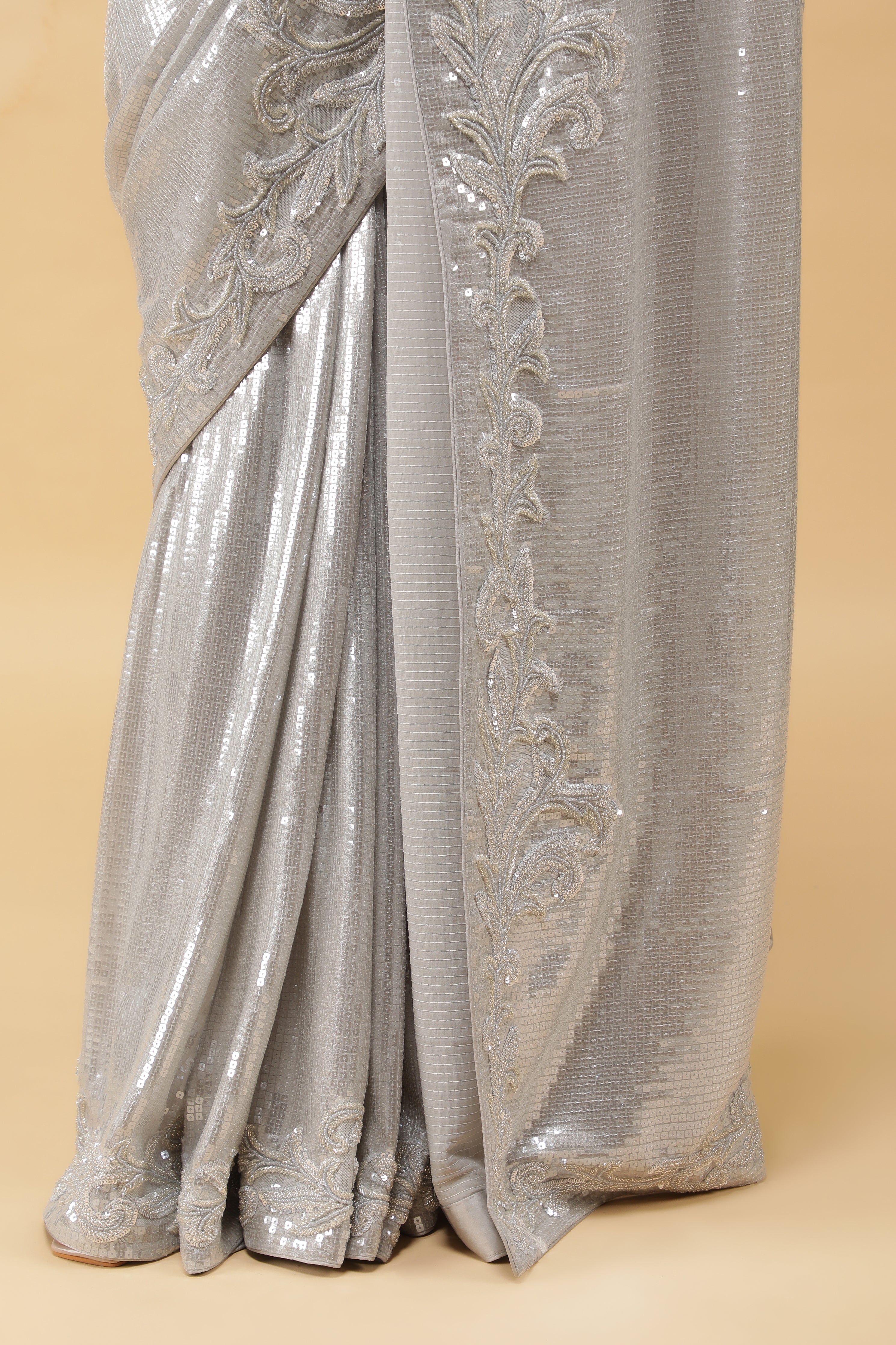 Silver Net Saree All Over Sequins Readymade Blouse