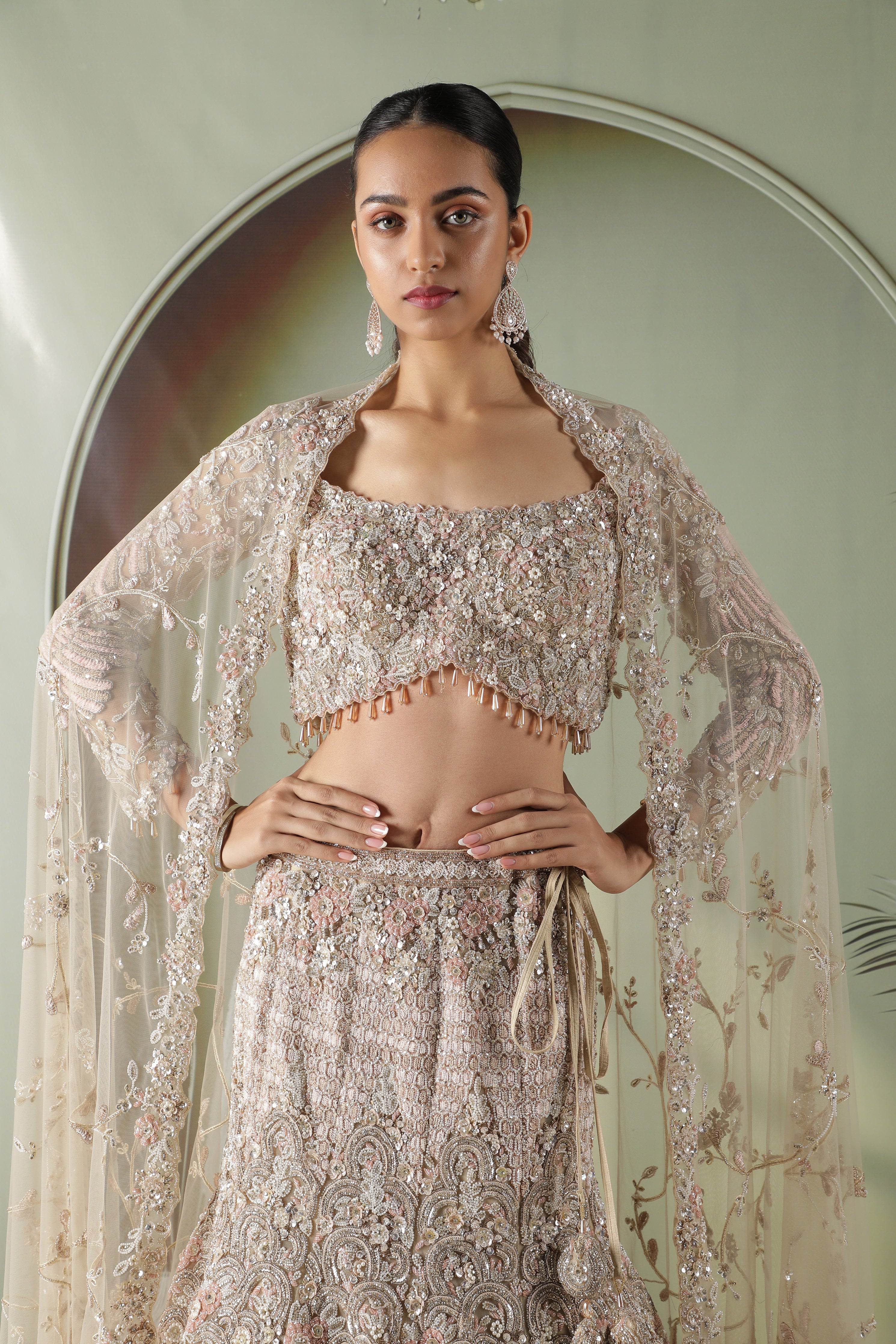 Beige Gold Mermaid Cut Bridal Lehenga Set with Trail