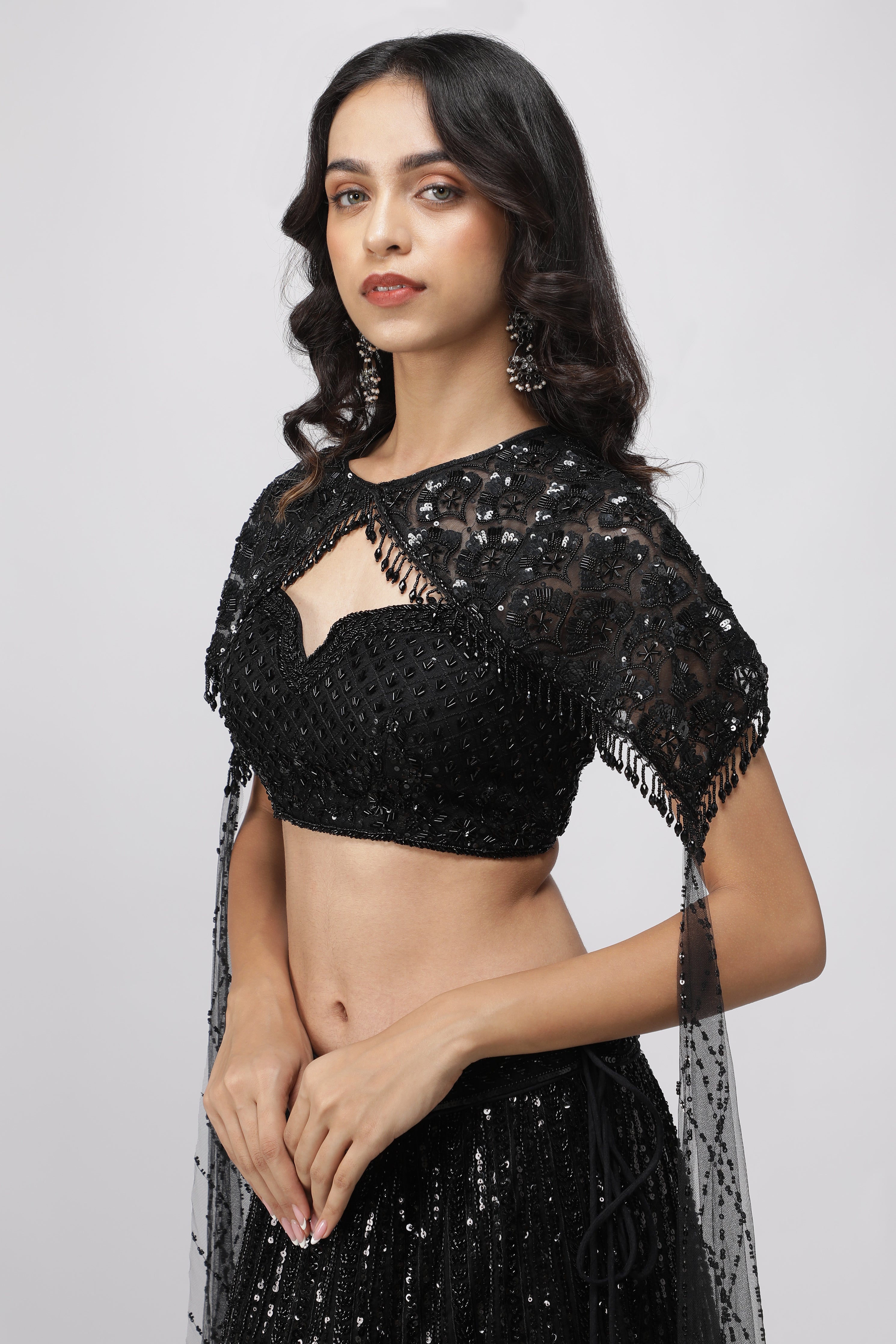 Black Net Embroidered Lehenga Set with Cape Dupatta
